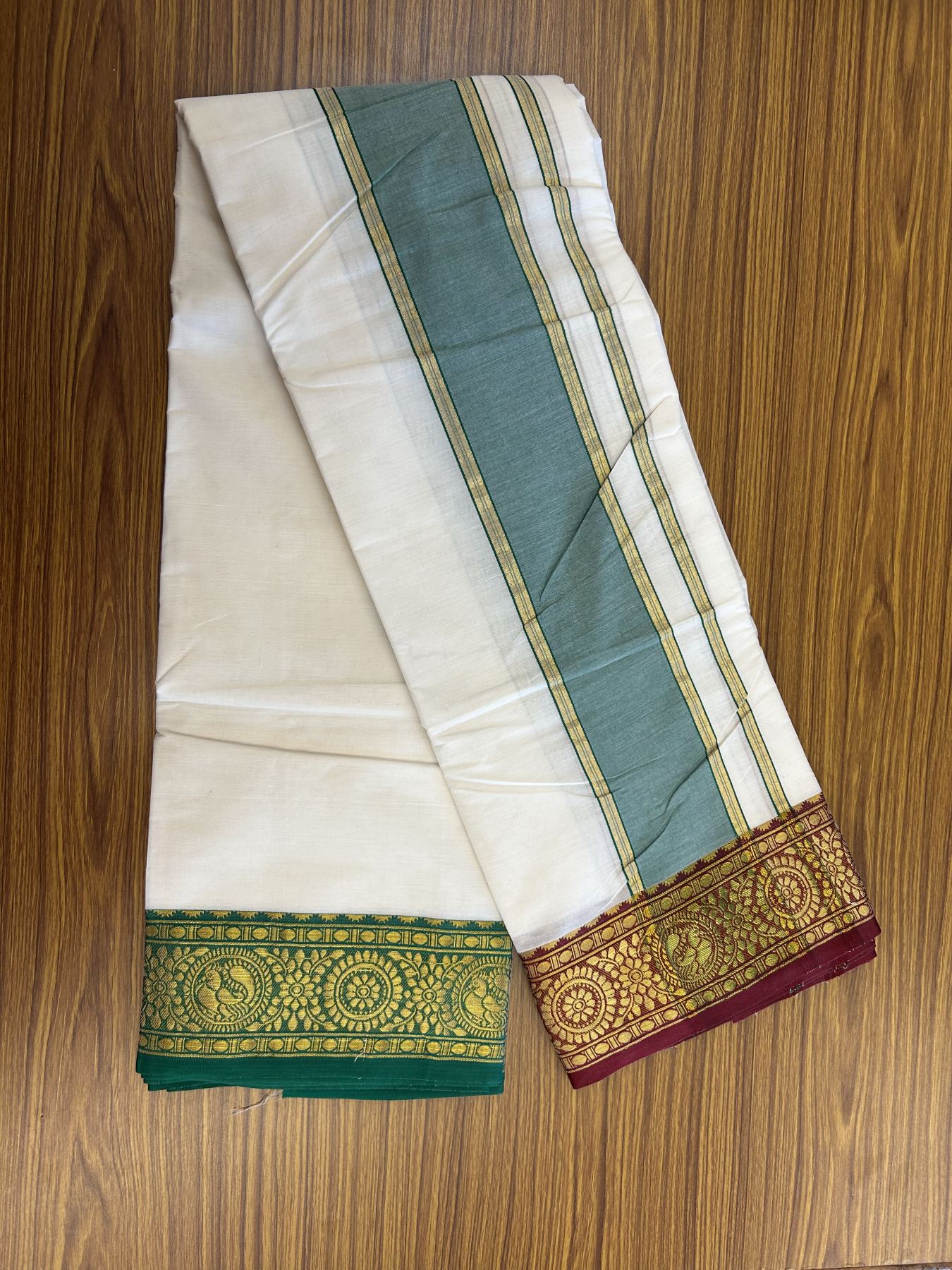 Panchakacham Dhoti - 20% Discount! Kaitharikada Balaramapuram Cotton Mix - Off White - (Unbleached) 80X90 thread - North Iindian- Attached Gamcha - 9x5 Dhoti - 4 inch Gold kasav Maroon & Green kara - 20 KK8305 PMC