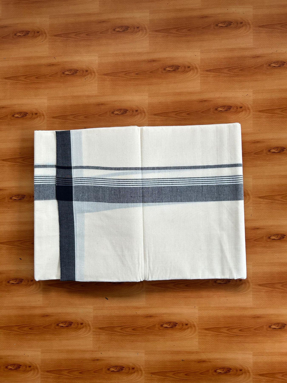 Double Off White (Unbleached) Mundu/Dhoti - 20% Discount! KaithariKada Pulimood 100% Cotton 80x72 - 1.5 inch Black Shaded Striped Kara - 4 mtr (8.5 muzham) - 22 KK5553 STH