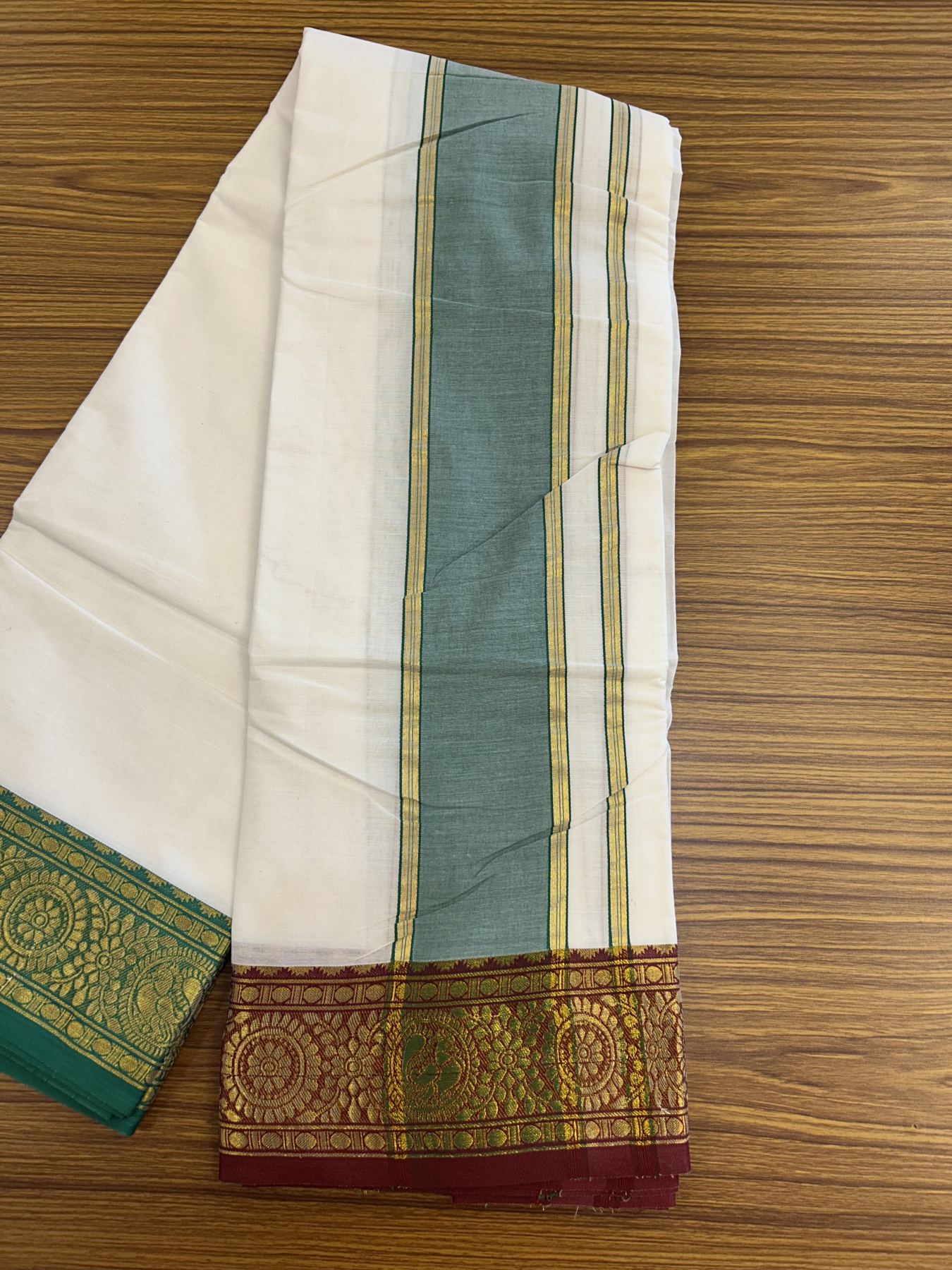 Panchakacham Dhoti - 20% Discount! Kaitharikada Balaramapuram Cotton Mix - Off White - (Unbleached) 80X90 thread - North Iindian- Attached Gamcha - 9x5 Dhoti - 4 inch Gold kasav Maroon & Green kara - 20 KK8305 PMC