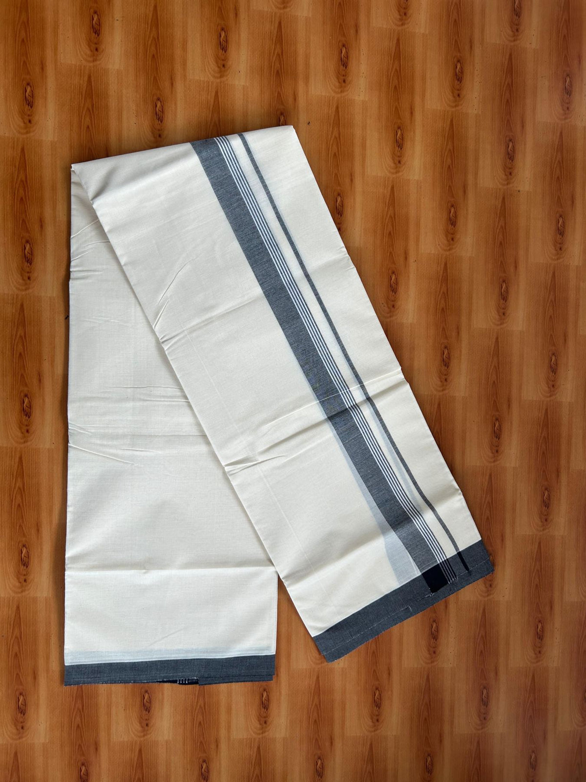Double Off White (Unbleached) Mundu/Dhoti - 20% Discount! KaithariKada Pulimood 100% Cotton 80x72 - 1.5 inch Black Shaded Striped Kara - 4 mtr (8.5 muzham) - 22 KK5553 STH