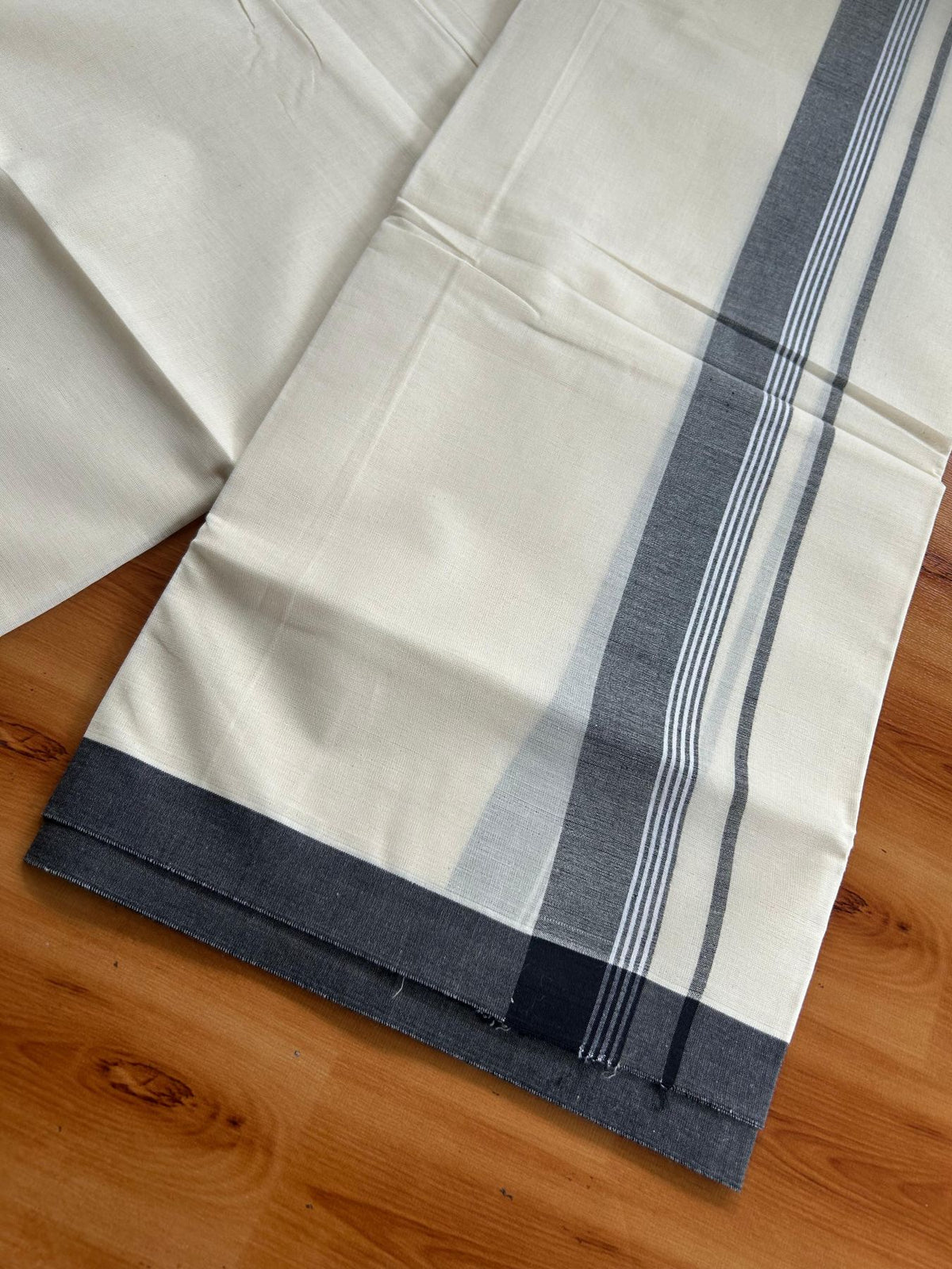 Double Off White (Unbleached) Mundu/Dhoti - 20% Discount! KaithariKada Pulimood 100% Cotton 80x72 - 1.5 inch Black Shaded Striped Kara - 4 mtr (8.5 muzham) - 22 KK5553 STH