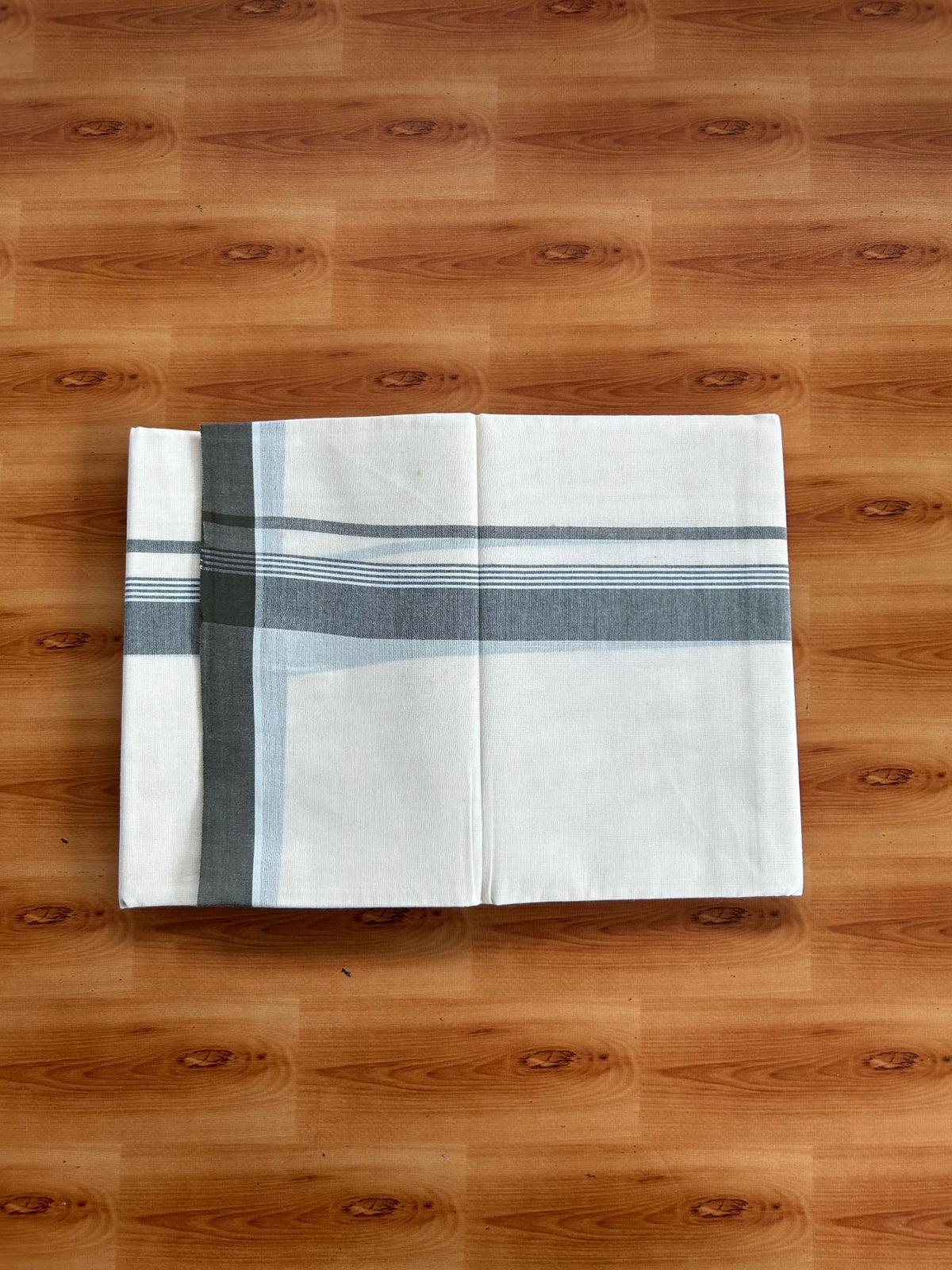 Double Off White (Unbleached) Mundu/Dhoti - 20% Discount! KaithariKada Pulimood 100% Cotton 80x72 - 1.5 inch Olive Green Shaded Striped Kara - 4 mtr (8.5 muzham) - 23 KK5553 STH