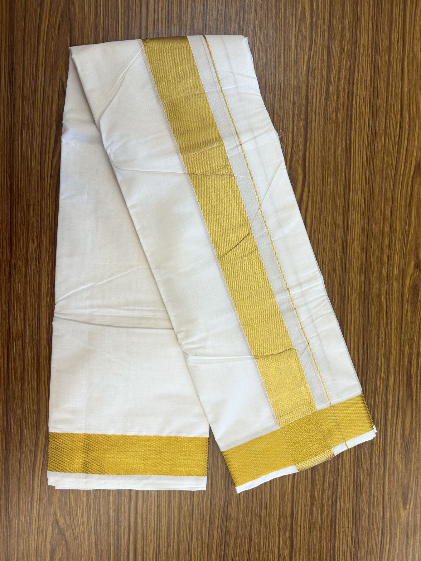 Panchakacham Dhoti - 20% Discount! Kaitharikada Balaramapuram Cotton Mix - Off White - (Unbleached) 80X90 thread - North Iindian- Attached Gamcha - 9x5 Dhoti - 2.5 inch Gold kasav  kara - 46 KK8305 PMC