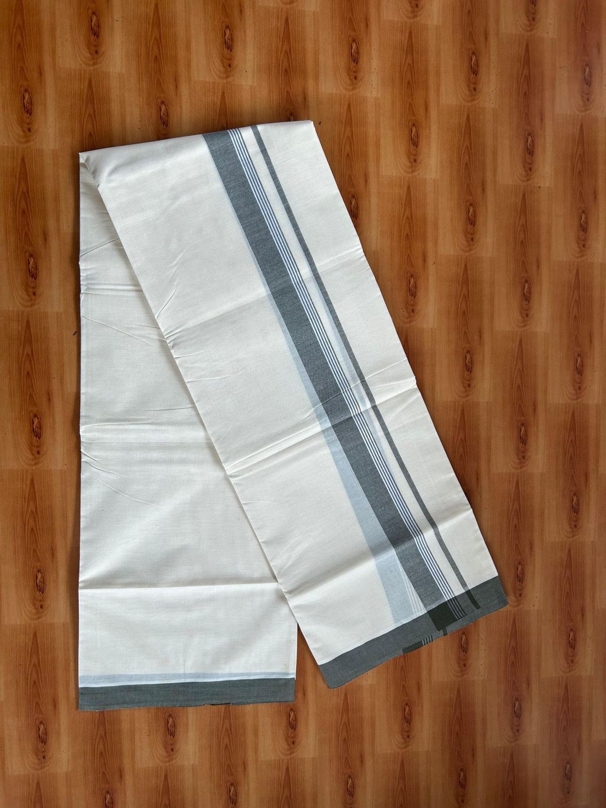 Double Off White (Unbleached) Mundu/Dhoti - 20% Discount! KaithariKada Pulimood 100% Cotton 80x72 - 1.5 inch Olive Green Shaded Striped Kara - 4 mtr (8.5 muzham) - 23 KK5553 STH