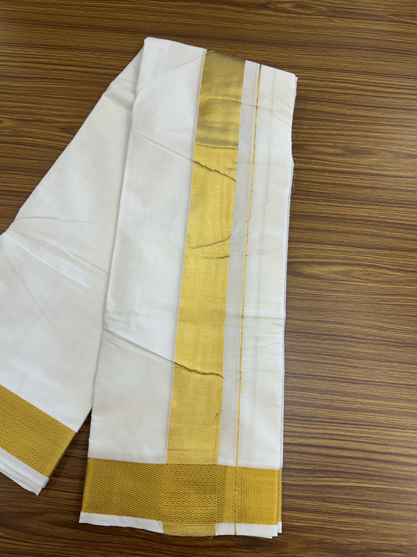 Panchakacham Dhoti - 20% Discount! Kaitharikada Balaramapuram Cotton Mix - Off White - (Unbleached) 80X90 thread - North Iindian- Attached Gamcha - 9x5 Dhoti - 2.5 inch Gold kasav  kara - 46 KK8305 PMC