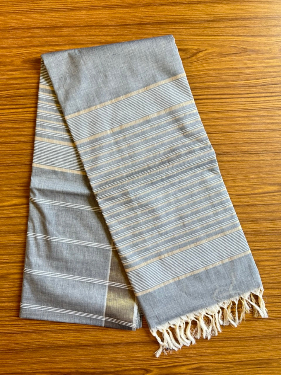 28% Discount!  Kerala Colour Cotton Saree - ASH BLUE with kasavu & white stripes - Kaitharikada - 13KK1000PAN
