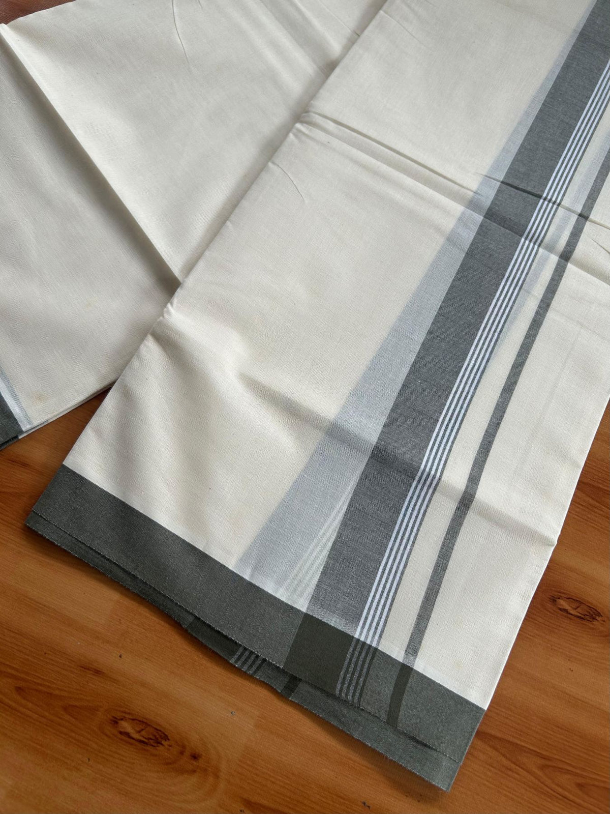 Double Off White (Unbleached) Mundu/Dhoti - 20% Discount! KaithariKada Pulimood 100% Cotton 80x72 - 1.5 inch Olive Green Shaded Striped Kara - 4 mtr (8.5 muzham) - 23 KK5553 STH