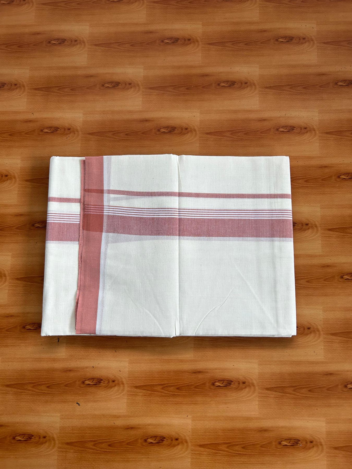 Double Off White (Unbleached) Mundu/Dhoti - 20% Discount! KaithariKada Pulimood 100% Cotton 80x72 - 1.5 inch Copper Peach Shaded Striped Kara - 4 mtr (8.5 muzham) - 24 KK5553 STH