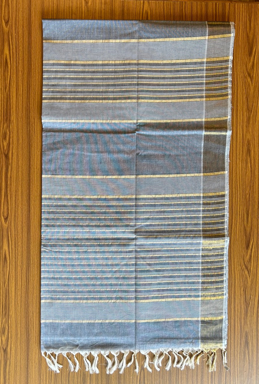 28% Discount!  Kerala Colour Cotton Saree - ASH BLUE with kasavu & white stripes - Kaitharikada - 13KK1000PAN