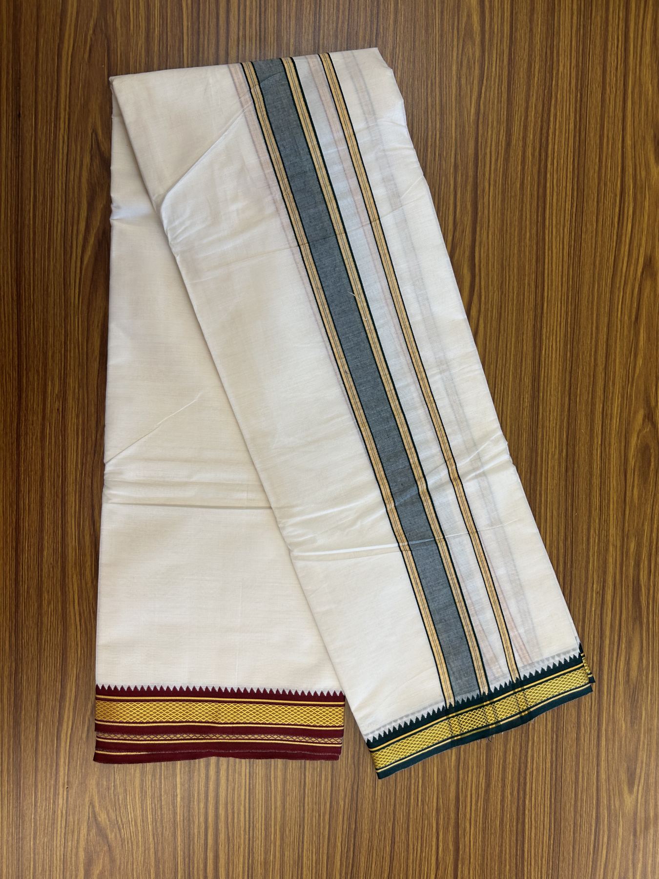 Panchakacham Dhoti - 20% Discount! Kaitharikada Balaramapuram Cotton Mix - Off White - (Unbleached) 80X90 thread - North Iindian- Attached Gamcha - 9x5 Dhoti - 1.75 inch Yellow & Green shaded kara - 37 KK8305 PMC