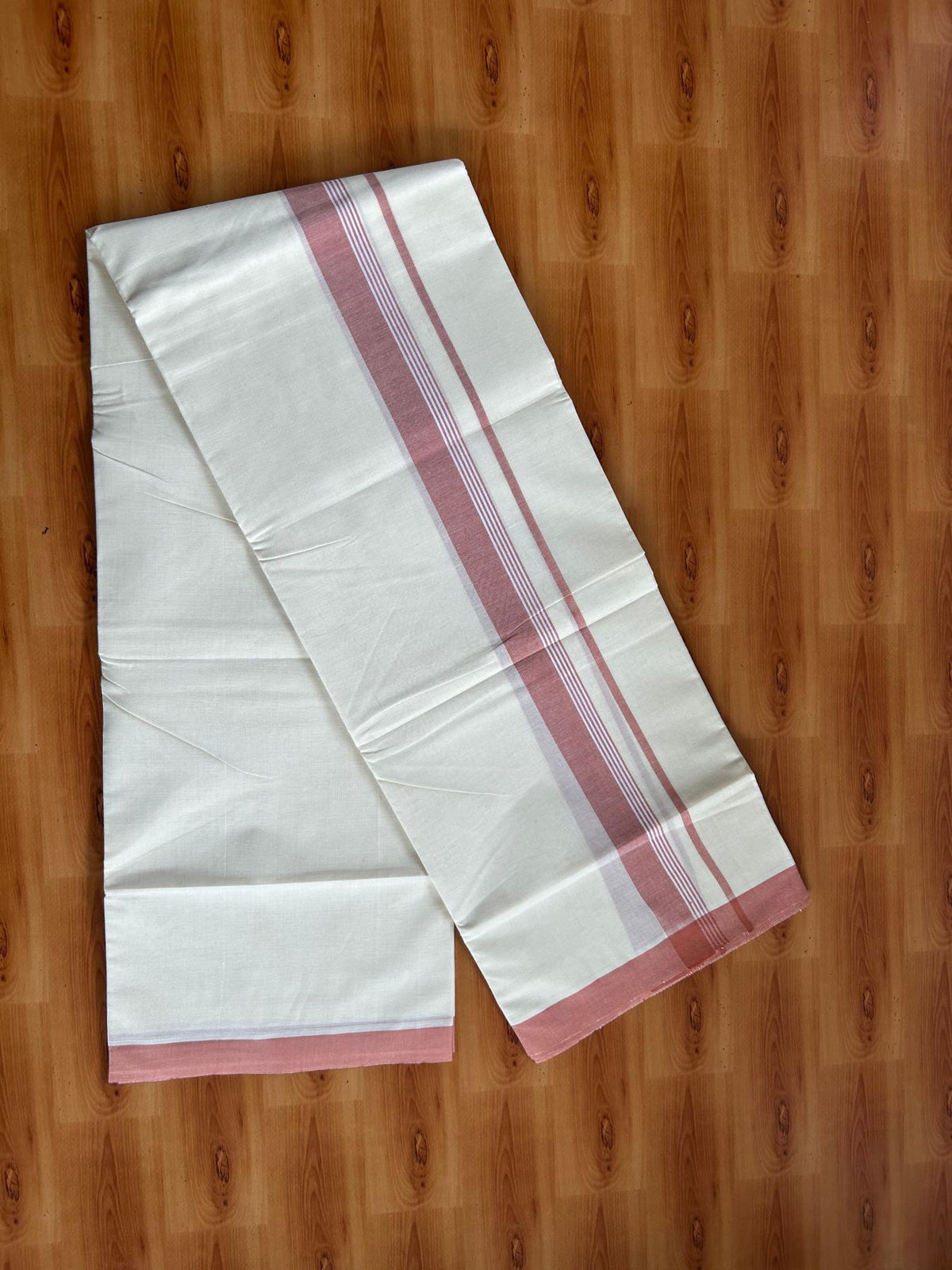 Double Off White (Unbleached) Mundu/Dhoti - 20% Discount! KaithariKada Pulimood 100% Cotton 80x72 - 1.5 inch Copper Peach Shaded Striped Kara - 4 mtr (8.5 muzham) - 24 KK5553 STH