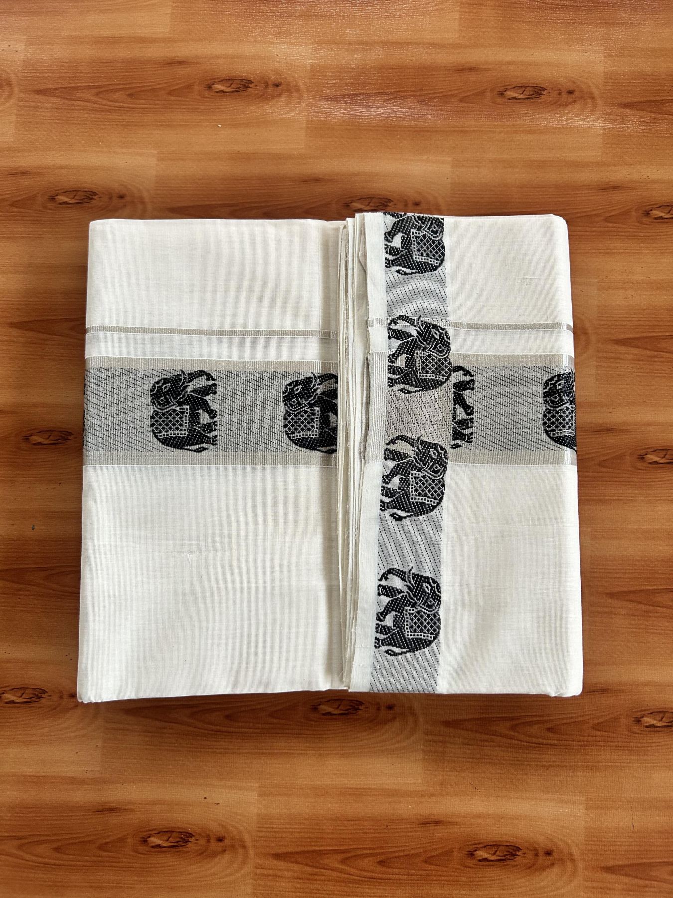 25% Discount ! Kaitharikada Handloom Unakkupaav - Kerala Handloom - 100% Pure Cotton Off White - (Unbleached) Double Mundu/Dhoti - 100x80 - 1.75 inch Silver Kasav & Black Elephant Jacquard Design Kara 4 mtr (8.5 Muzham) - 17 KK5441 ABH