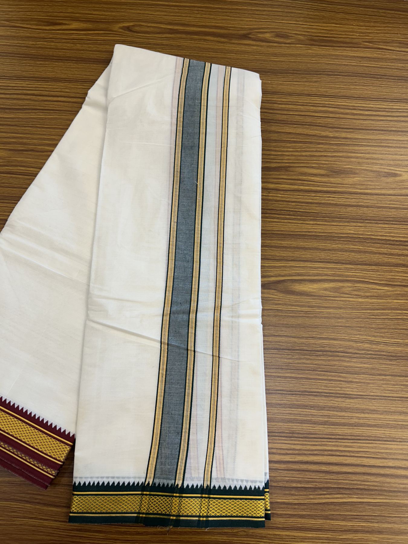 Panchakacham Dhoti - 20% Discount! Kaitharikada Balaramapuram Cotton Mix - Off White - (Unbleached) 80X90 thread - North Iindian- Attached Gamcha - 9x5 Dhoti - 1.75 inch Yellow & Green shaded kara - 37 KK8305 PMC
