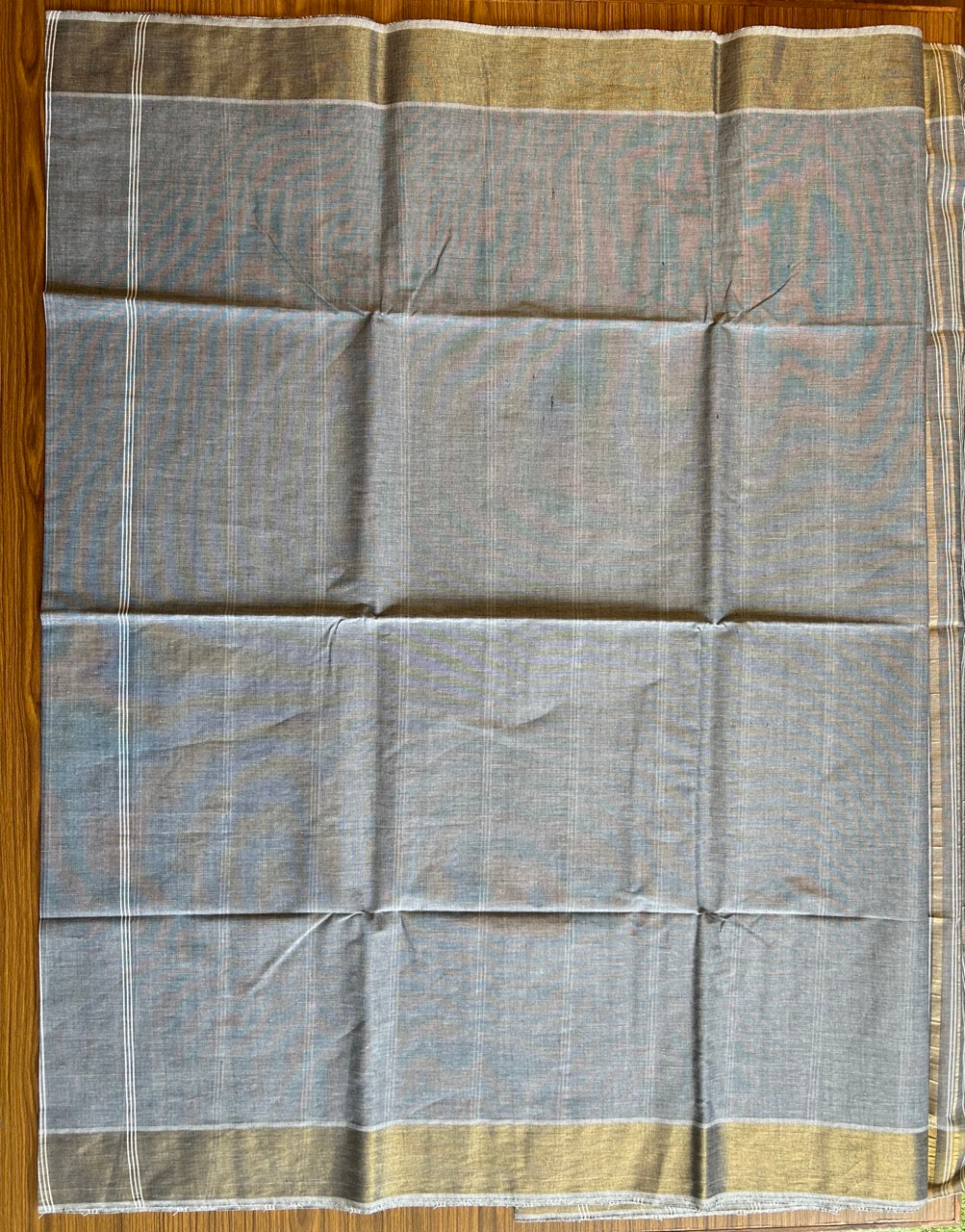 28% Discount!  Kerala Colour Cotton Saree - ASH BLUE with kasavu & white stripes - Kaitharikada - 13KK1000PAN
