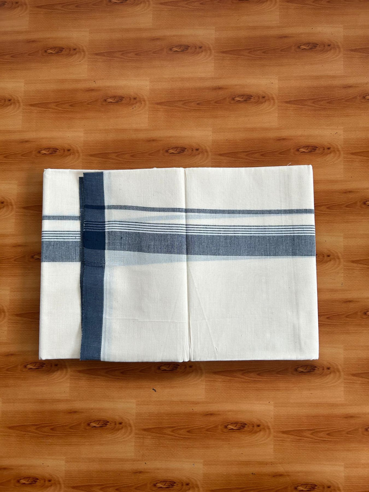 Double Off White (Unbleached) Mundu/Dhoti - 20% Discount! KaithariKada Pulimood 100% Cotton 80x72 - 1.5 inch Peacock Blue Shaded Striped Kara - 4 mtr (8.5 muzham) - 25 KK5553 STH