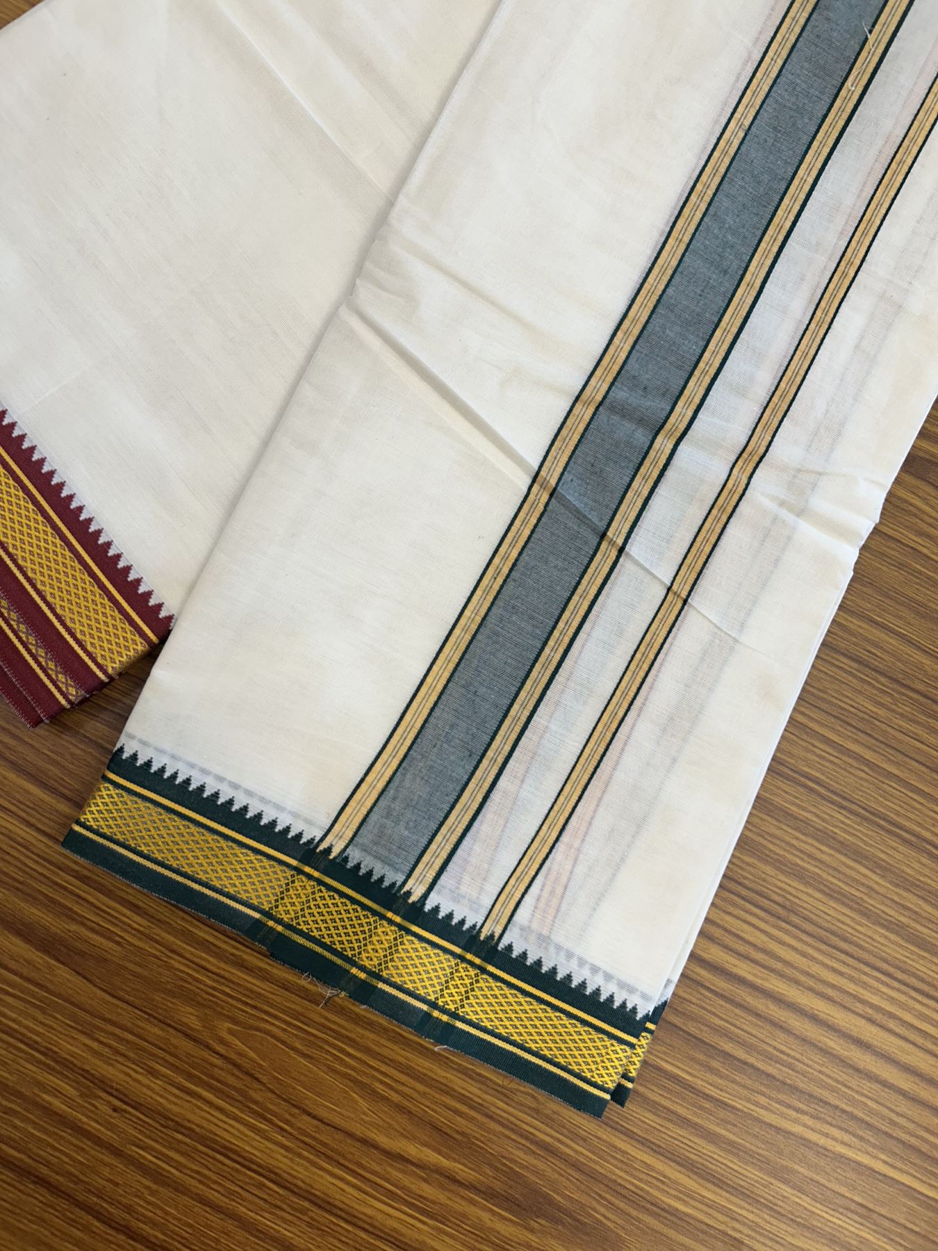Panchakacham Dhoti - 20% Discount! Kaitharikada Balaramapuram Cotton Mix - Off White - (Unbleached) 80X90 thread - North Iindian- Attached Gamcha - 9x5 Dhoti - 1.75 inch Yellow & Green shaded kara - 37 KK8305 PMC