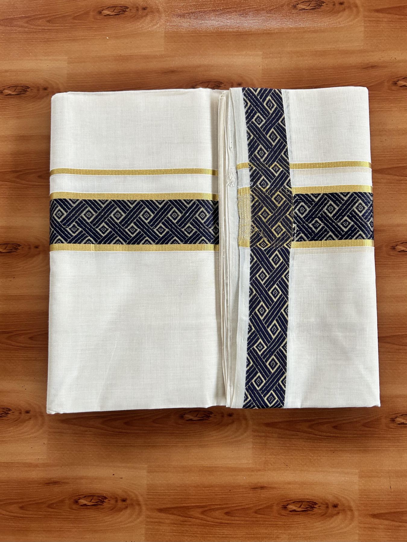 25% Discount ! Kaitharikada Handloom Unakkupaav - Kerala Handloom - 100% Pure Cotton Off White - (Unbleached) Double Mundu/Dhoti - 100x80 - 2 inch Gold Kasav & Navy Blue Jacquard Design Kara 4 mtr (8.5 Muzham) - 18 KK5441 ABH