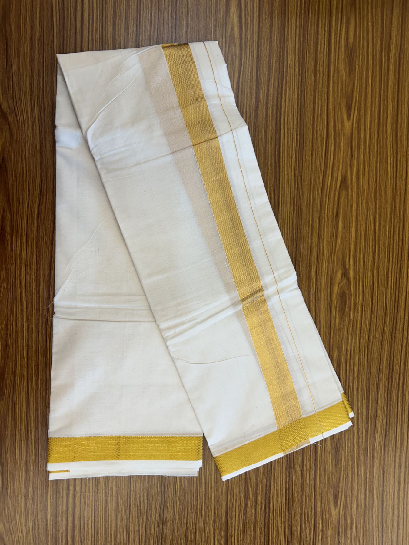 Panchakacham Dhoti - 20% Discount! Kaitharikada Balaramapuram Cotton Mix Off White - (Unbleached) 80X90 thread - North Iindian- Attached Gamcha - 9X5 Dhoti - 1.75 inch Gold Kasav kara - 21 KK8305 PMC