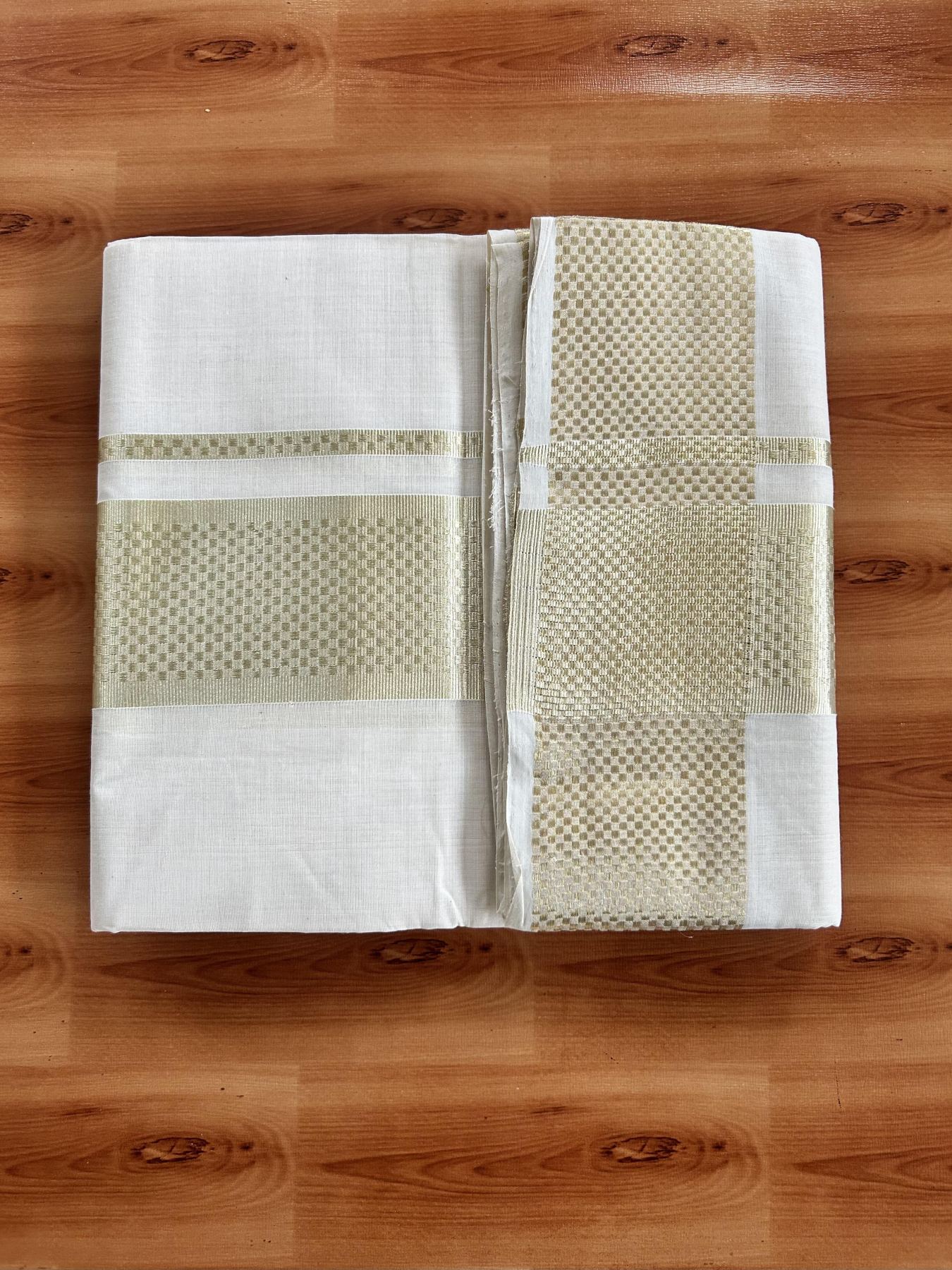 25% Discount ! Kaitharikada Handloom Unakkupaav - Kerala Handloom - 100% Pure Cotton Off White - (Unbleached)  Double Mundu/Dhoti - 100x80 - 3 inch Light Gold Kasav Jacquard Design Kara 4 mtr (8.5 Muzham) - 22 KK5441 ABH