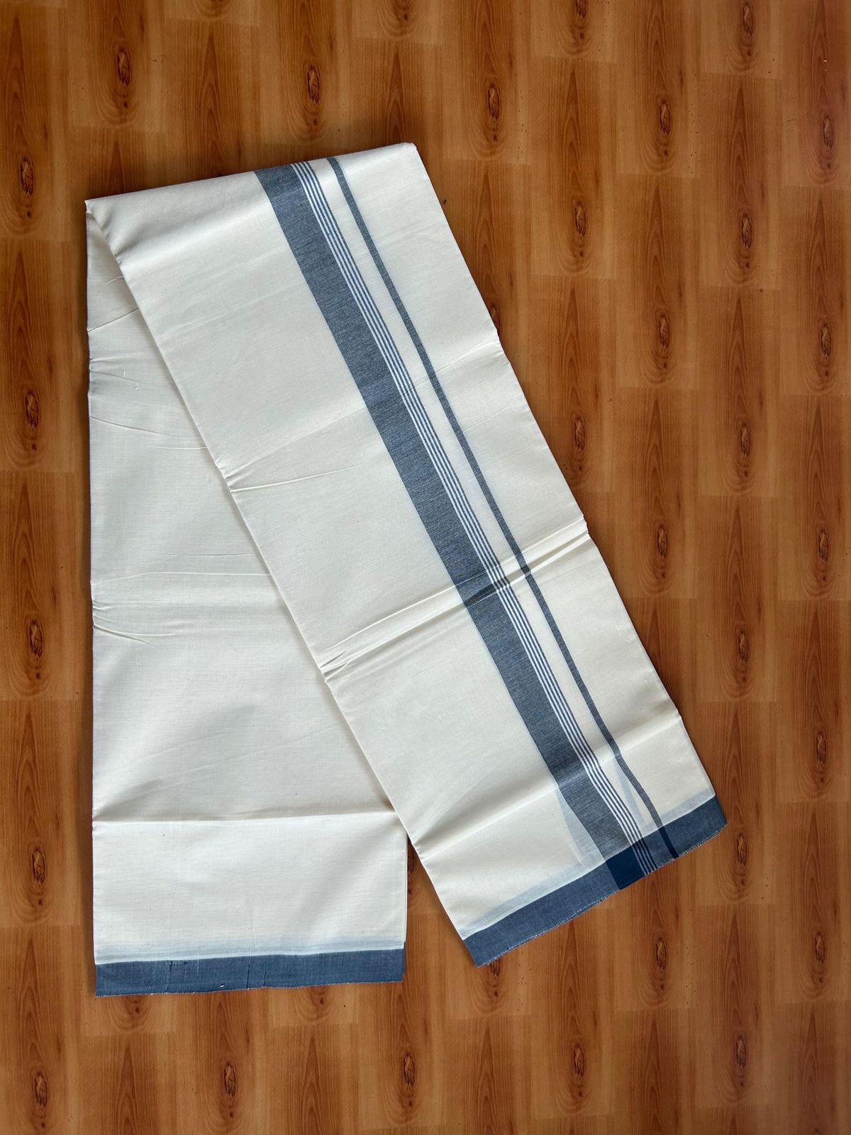 Double Off White (Unbleached) Mundu/Dhoti - 20% Discount! KaithariKada Pulimood 100% Cotton 80x72 - 1.5 inch Peacock Blue Shaded Striped Kara - 4 mtr (8.5 muzham) - 25 KK5553 STH