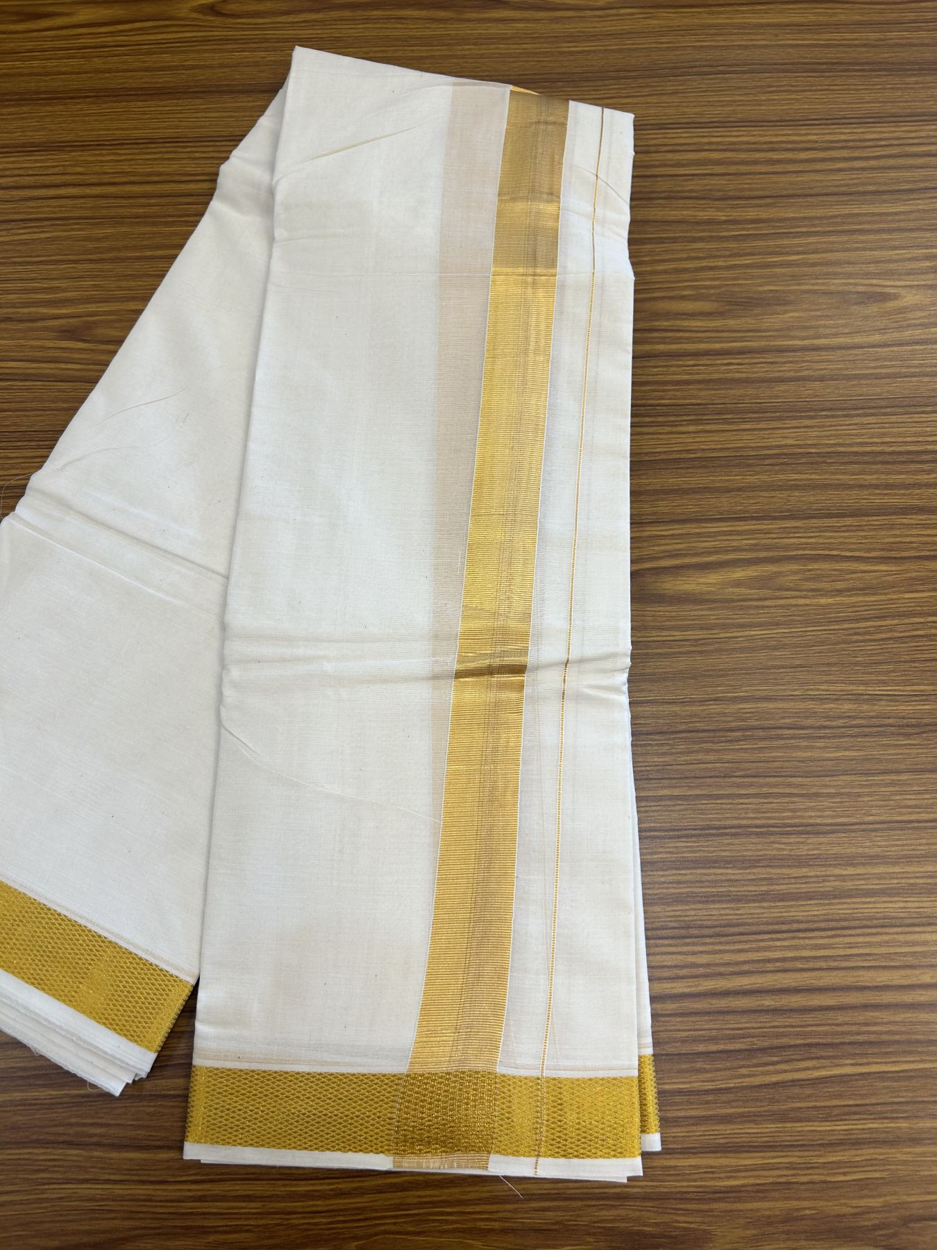Panchakacham Dhoti - 20% Discount! Kaitharikada Balaramapuram Cotton Mix Off White - (Unbleached) 80X90 thread - North Iindian- Attached Gamcha - 9X5 Dhoti - 1.75 inch Gold Kasav kara - 21 KK8305 PMC