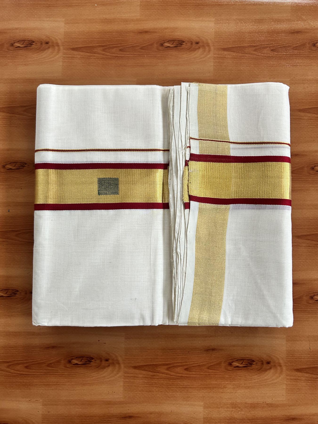 25% Discount ! Kaitharikada Handloom Unakkupaav - Kerala Handloom - 100% Pure Cotton Off White - (Unbleached) Double Mundu/Dhoti - 100x80 - 2 inch Gold Kasav & Maroon Green Jacquard Design Kara 4 mtr (8.5 Muzham) - 11 KK5441 ABH