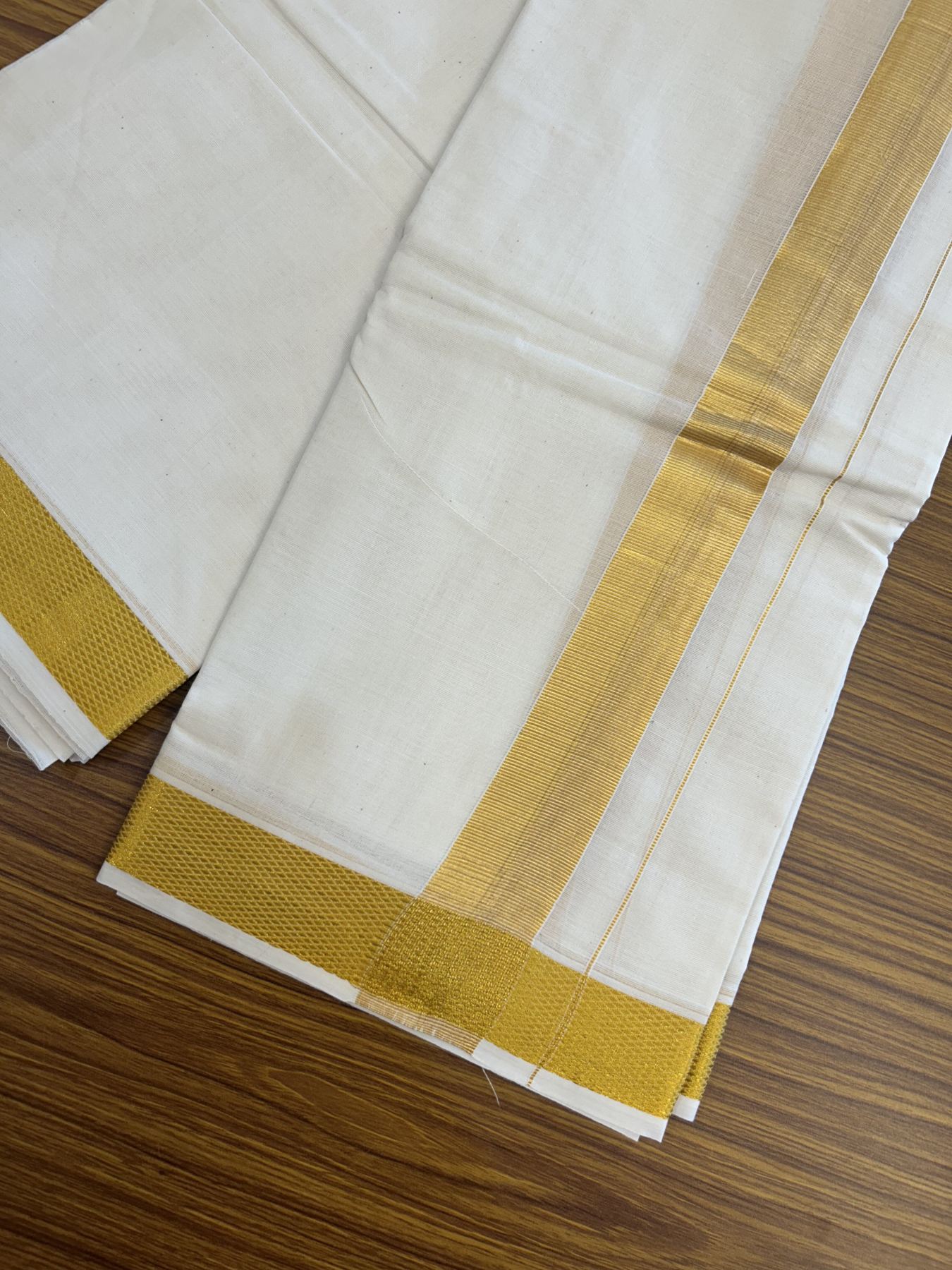 Panchakacham Dhoti - 20% Discount! Kaitharikada Balaramapuram Cotton Mix Off White - (Unbleached) 80X90 thread - North Iindian- Attached Gamcha - 9X5 Dhoti - 1.75 inch Gold Kasav kara - 21 KK8305 PMC