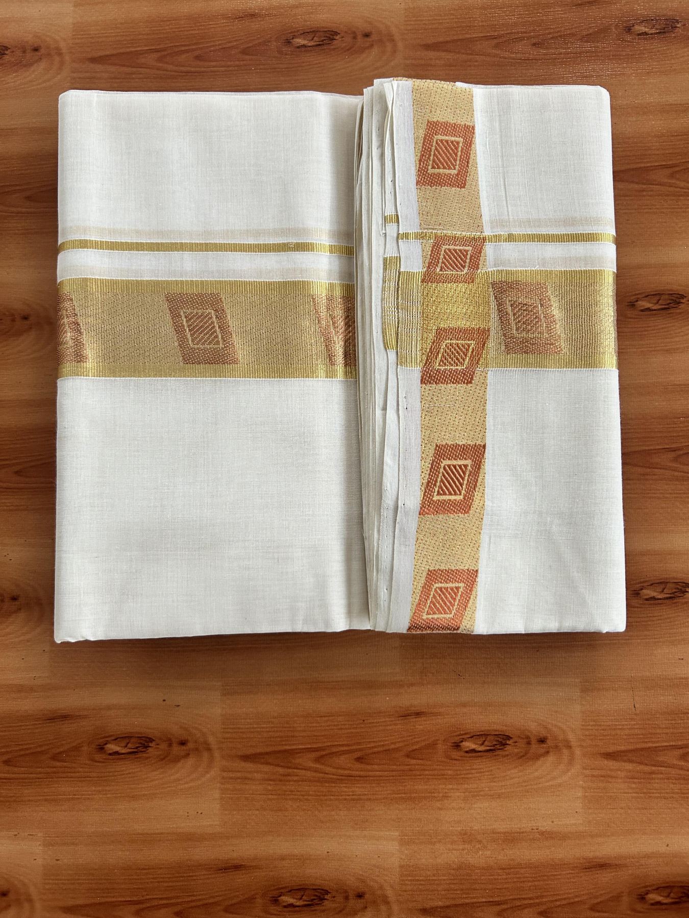 25% Discount ! Kaitharikada Handloom Unakkupaav - Kerala Handloom - 100% Pure Cotton Off White - (Unbleached) Double Mundu/Dhoti - 100x80 - 1.75 inch Copper & Gold Kasav Jacquard Design Kara 4 mtr (8.5 Muzham) - 8 KK5441 ABH
