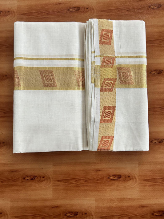25% Discount ! Kaitharikada Handloom Unakkupaav - Kerala Handloom - 100% Pure Cotton Off White - (Unbleached) Double Mundu/Dhoti - 100x80 - 1.75 inch Copper & Gold Kasav Jacquard Design Kara 4 mtr (8.5 Muzham) - 8 KK5441 ABH