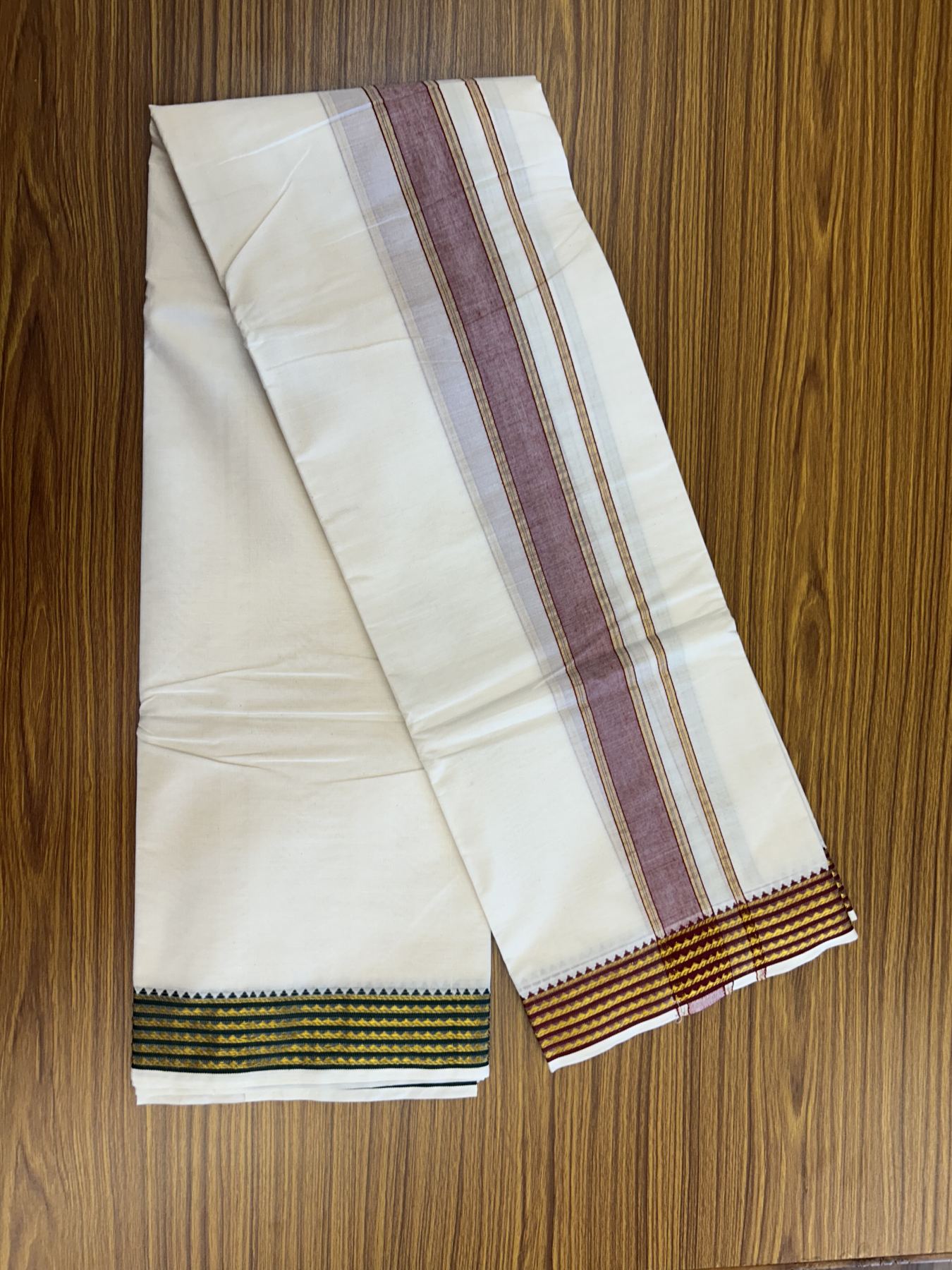 Panchakacham Dhoti - 20% Discount! Kaitharikada Balaramapuram Cotton Mix - Off White - (Unbleached) 80X90 thread - North Iindian- Attached Gamcha - 9x5 Dhoti - 2 inch Gold kasav Maroon & Green Striped Design kara - 47 KK8305 PMC