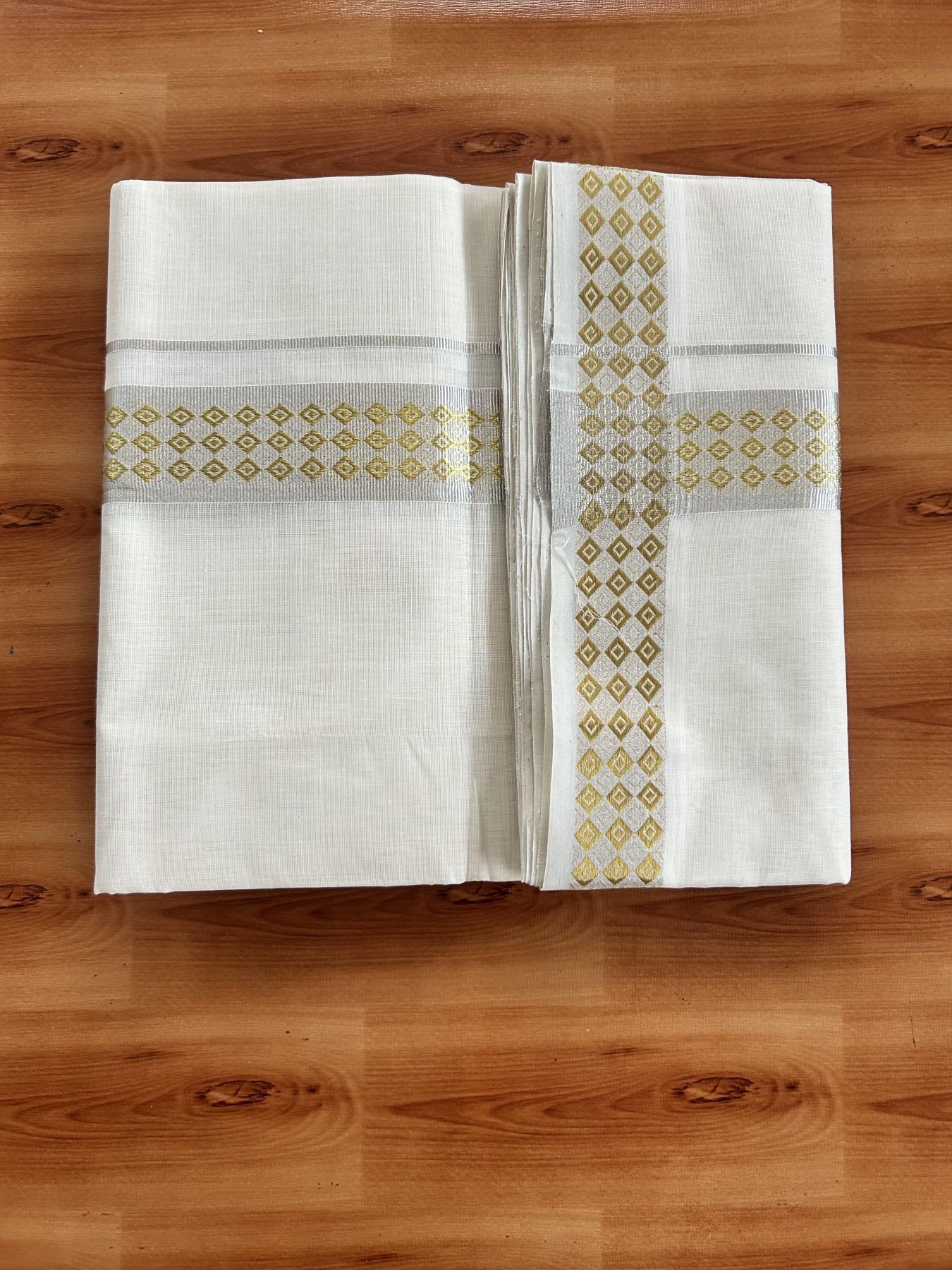 25% Discount ! Kaitharikada Handloom Unakkupaav - Kerala Handloom - 100% Pure Cotton Off White - (Unbleached)  Double Mundu/Dhoti - 100x80 - 1.75 inch Silver & Gold Kasav Jacquard Design Kara 4 mtr (8.5 Muzham) - 21 KK5441 ABH