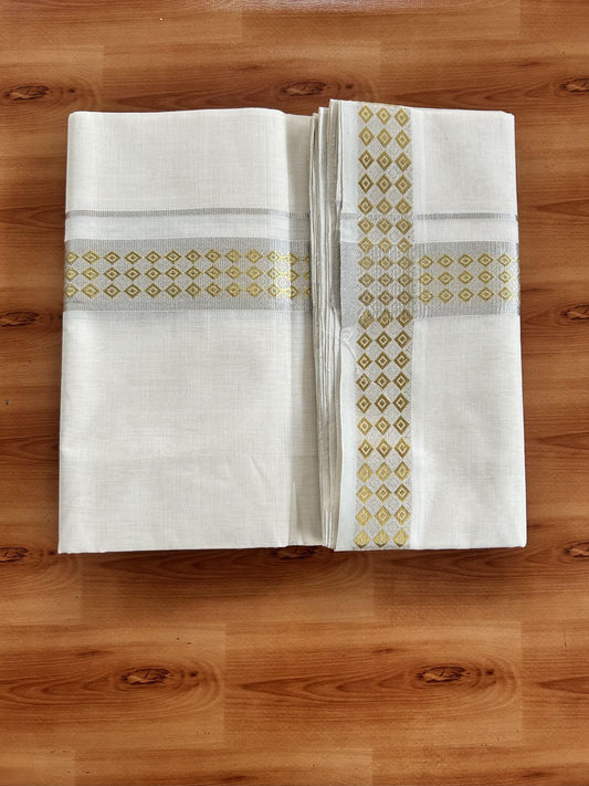 25% Discount ! Kaitharikada Handloom Unakkupaav - Kerala Handloom - 100% Pure Cotton Off White - (Unbleached)  Double Mundu/Dhoti - 100x80 - 1.75 inch Silver & Gold Kasav Jacquard Design Kara 4 mtr (8.5 Muzham) - 21 KK5441 ABH