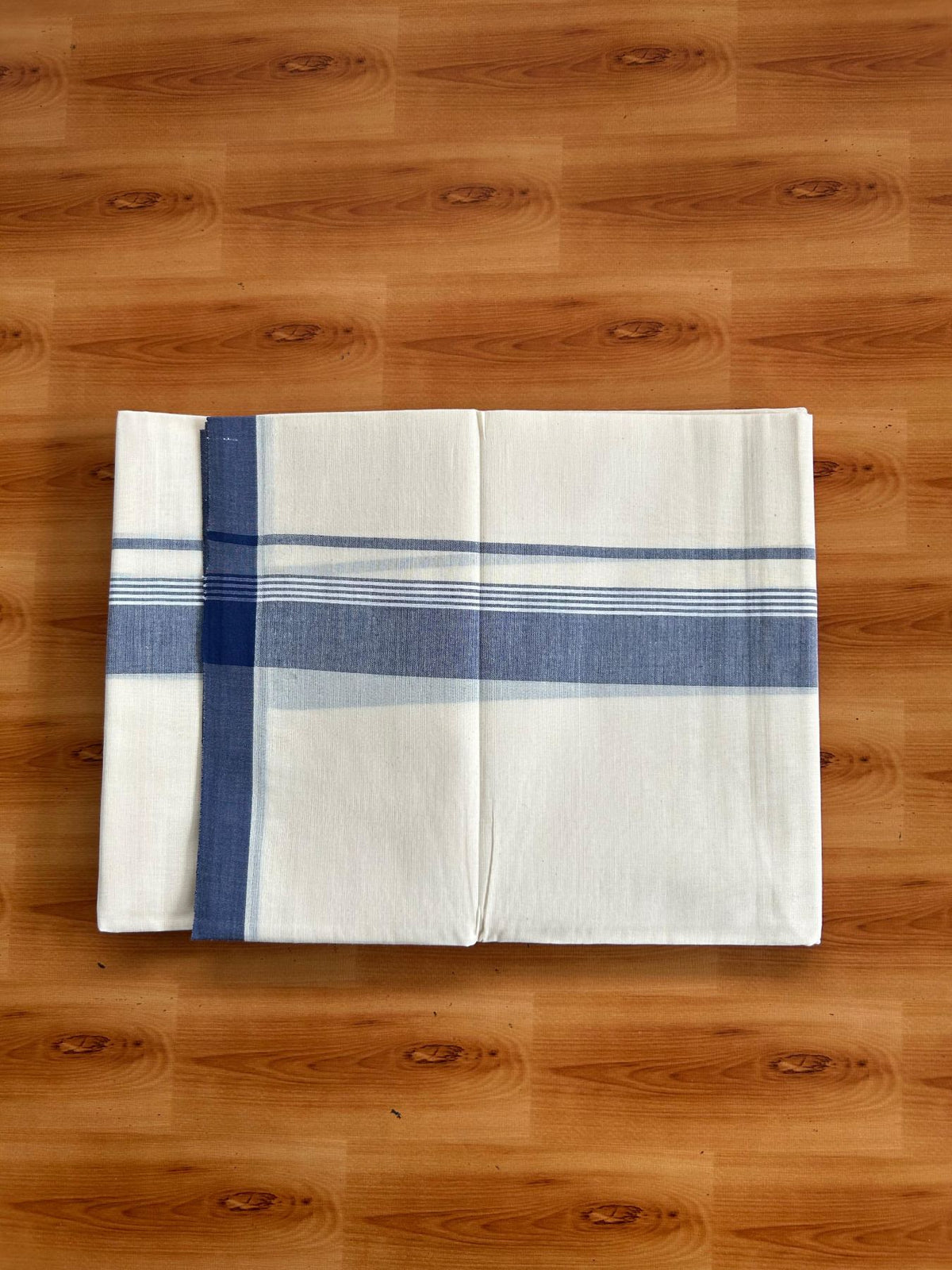 Double Off White (Unbleached) Mundu/Dhoti - 20% Discount! KaithariKada Pulimood 100% Cotton 80x72 - 1.5 inch Navy Blue Shaded Striped Kara - 4 mtr (8.5 muzham) - 26 KK5553 STH