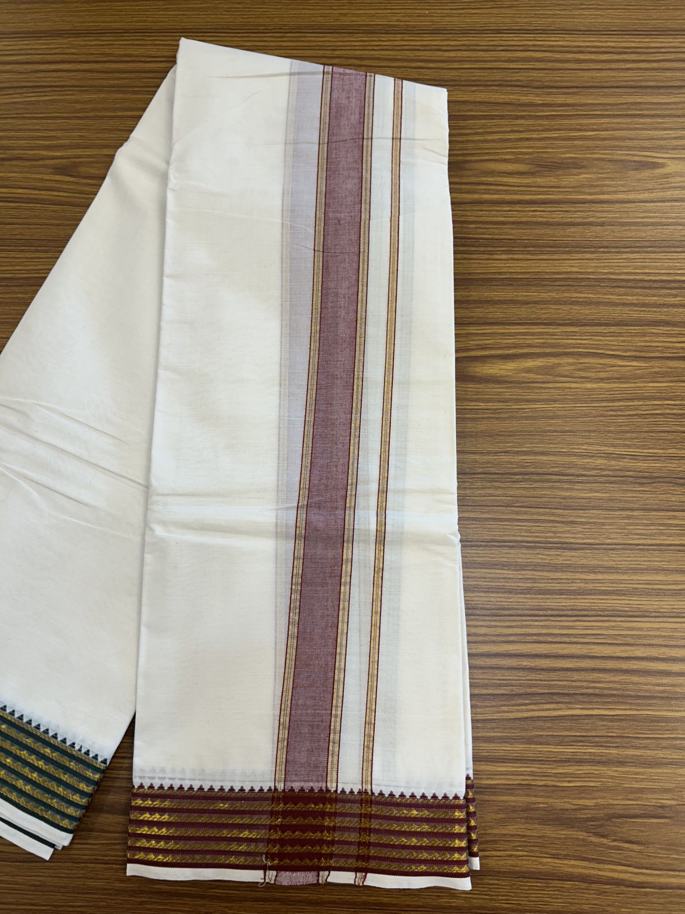 Panchakacham Dhoti - 20% Discount! Kaitharikada Balaramapuram Cotton Mix - Off White - (Unbleached) 80X90 thread - North Iindian- Attached Gamcha - 9x5 Dhoti - 2 inch Gold kasav Maroon & Green Striped Design kara - 47 KK8305 PMC