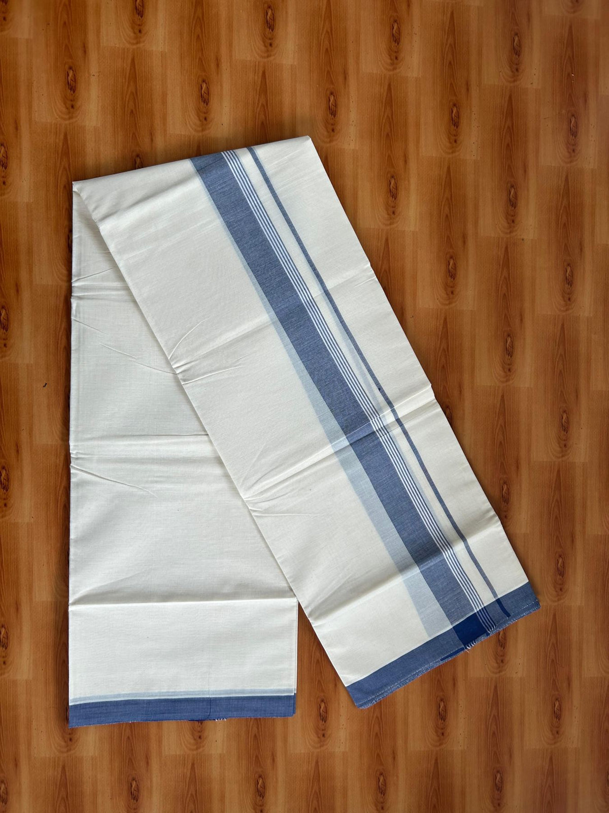 Double Off White (Unbleached) Mundu/Dhoti - 20% Discount! KaithariKada Pulimood 100% Cotton 80x72 - 1.5 inch Navy Blue Shaded Striped Kara - 4 mtr (8.5 muzham) - 26 KK5553 STH