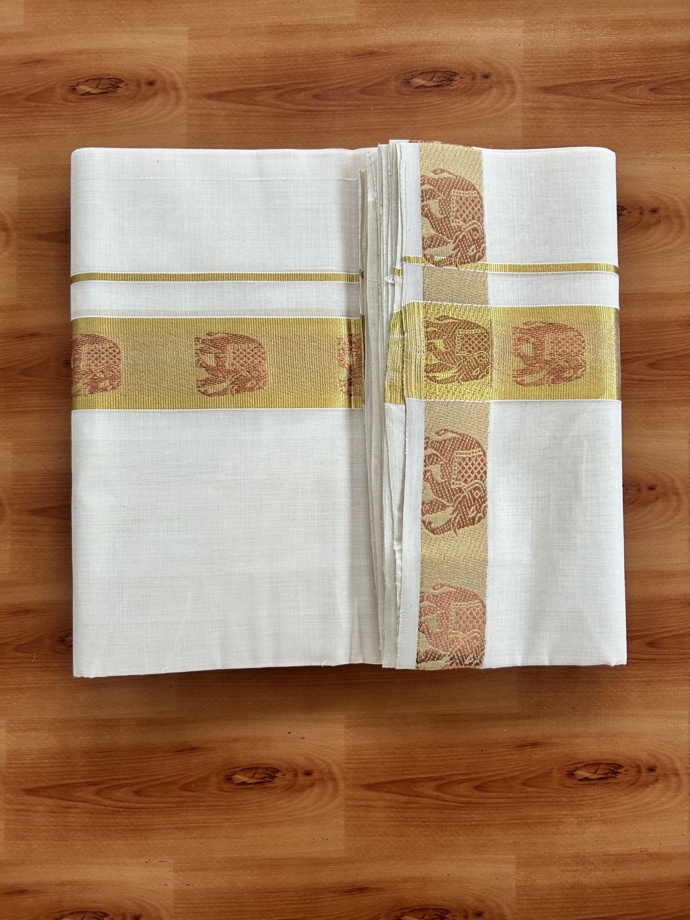 25% Discount ! Kaitharikada Handloom Unakkupaav - Kerala Handloom - 100% Pure Cotton Off White - (Unbleached) Double Mundu/Dhoti - 100x80 - 1.75 inch Copper & Gold Kasav Elephant Jacquard Design Kara 4 mtr (8.5 Muzham) - 9 KK5441 ABH
