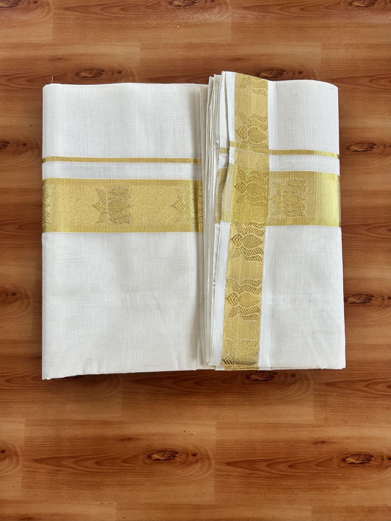 25% Discount ! Kaitharikada Handloom Unakkupaav - Kerala Handloom - 100% Pure Cotton Off White - (Unbleached) Double Mundu/Dhoti - 100x80 - 1.75 inch Gold Kasav Lotus Jacquard Design Kara 4 mtr (8.5 Muzham) - 10 KK5441 ABH
