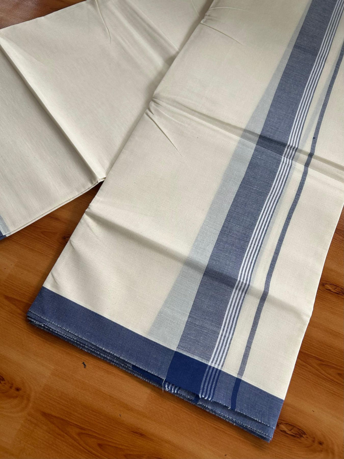 Double Off White (Unbleached) Mundu/Dhoti - 20% Discount! KaithariKada Pulimood 100% Cotton 80x72 - 1.5 inch Navy Blue Shaded Striped Kara - 4 mtr (8.5 muzham) - 26 KK5553 STH