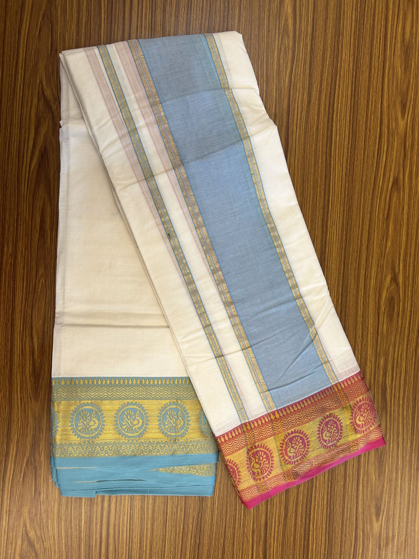 Panchakacham Dhoti - 20% Discount! Kaitharikada Balaramapuram Cotton Mix - Off White - (Unbleached) 80X90 thread - North Iindian- Attached Gamcha - 9x5 Dhoti - 4.5 inch Gold kasav Pink & Blue Design kara - 48 KK8305 PMC