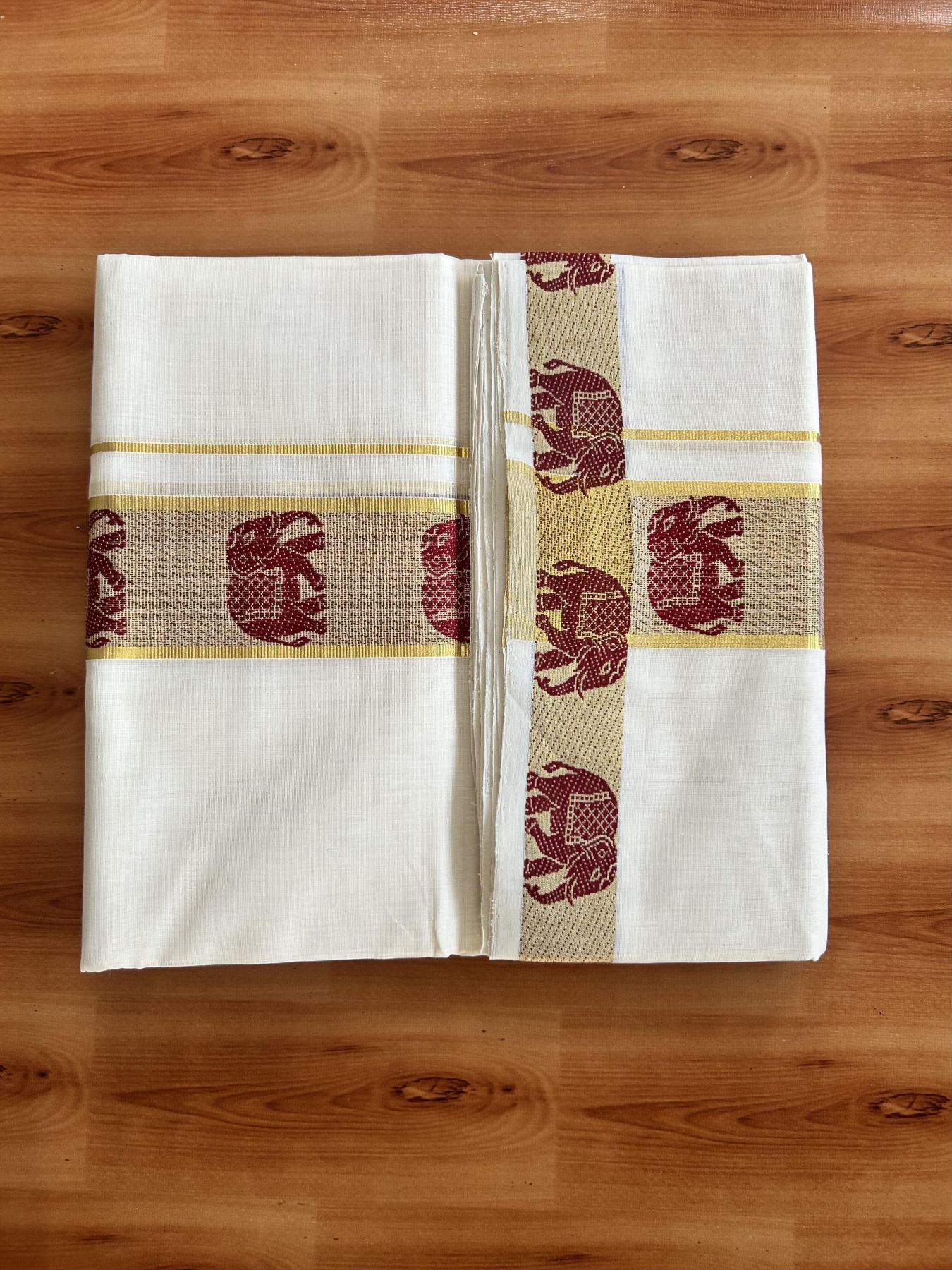 25% Discount ! Kaitharikada Handloom Unakkupaav - Kerala Handloom - 100% Pure Cotton Off White - (Unbleached) Double Mundu/Dhoti - 100x80 - 2.25 inch Gold Kasav & Maroon Elephant Jacquard Design Kara 4 mtr (8.5 Muzham) - 7 KK5441 ABH