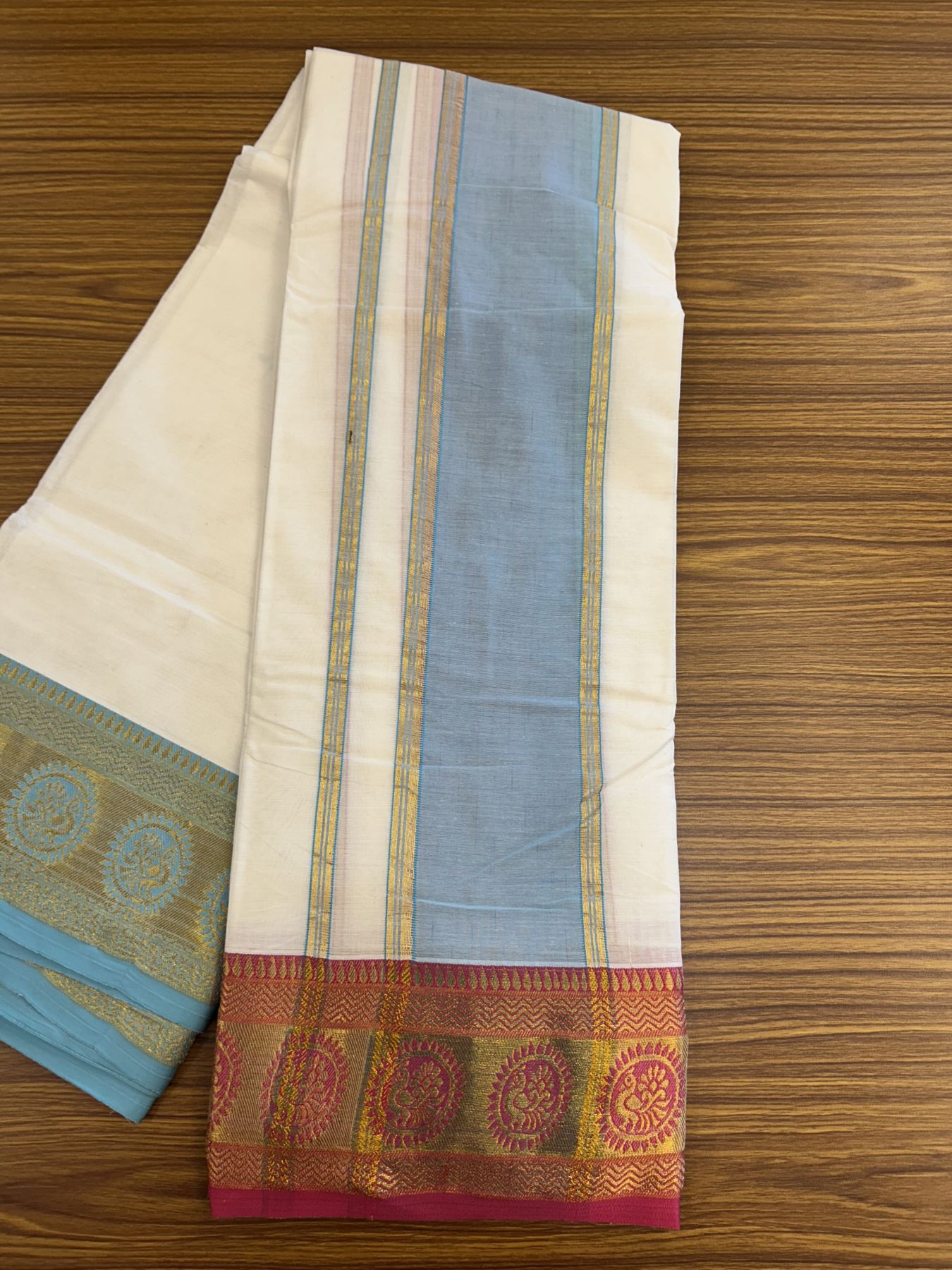 Panchakacham Dhoti - 20% Discount! Kaitharikada Balaramapuram Cotton Mix - Off White - (Unbleached) 80X90 thread - North Iindian- Attached Gamcha - 9x5 Dhoti - 4.5 inch Gold kasav Pink & Blue Design kara - 48 KK8305 PMC