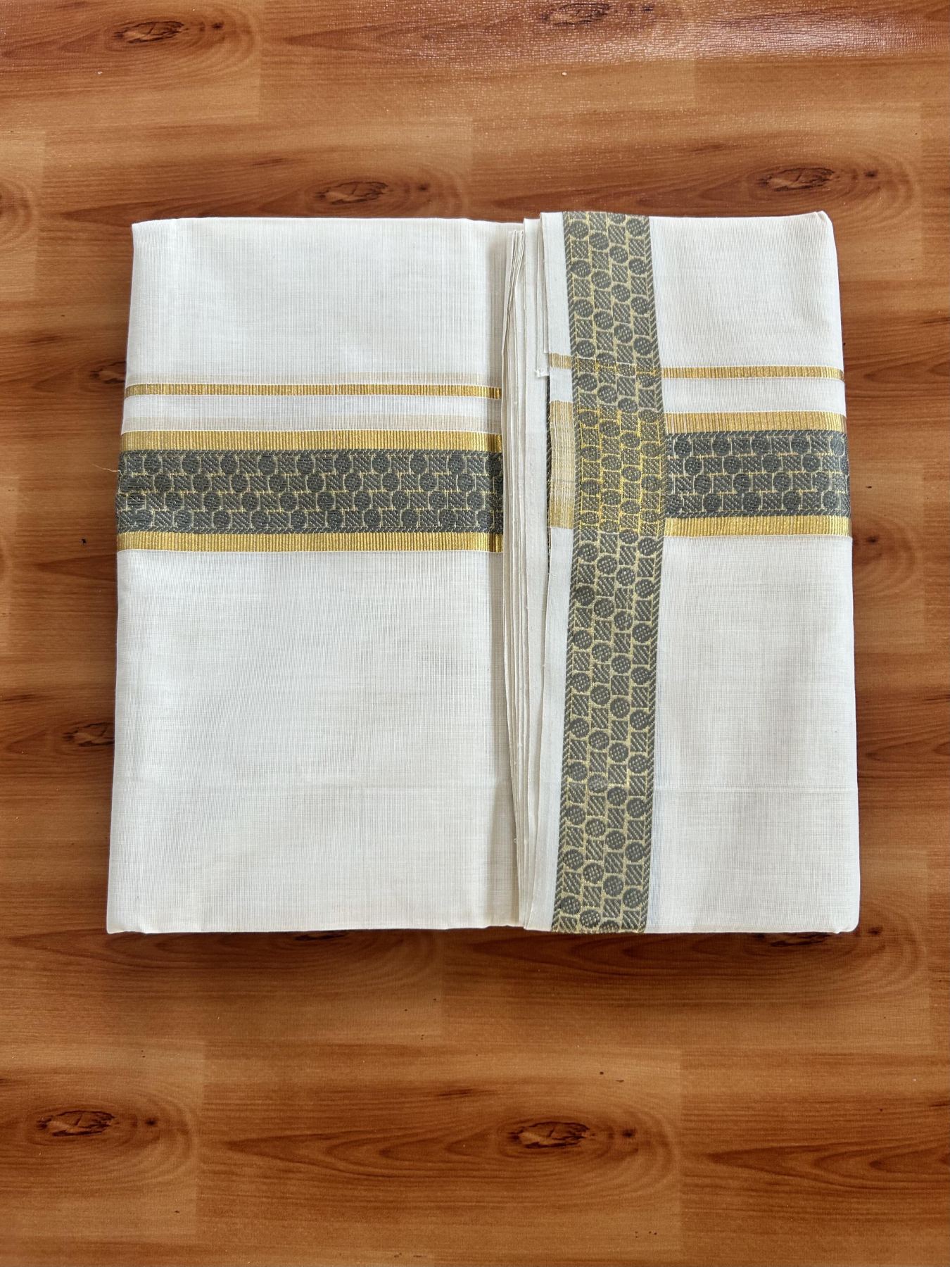 25% Discount ! Kaitharikada Handloom Unakkupaav - Kerala Handloom - 100% Pure Cotton Off White - (Unbleached) Double Mundu/Dhoti - 100x80 - 1.75 inch Gold Kasav & Grey Jacquard Design Kara 4 mtr (8.5 Muzham) - 12 KK5441 ABH