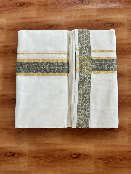 25% Discount ! Kaitharikada Handloom Unakkupaav - Kerala Handloom - 100% Pure Cotton Off White - (Unbleached) Double Mundu/Dhoti - 100x80 - 1.75 inch Gold Kasav & Grey Jacquard Design Kara 4 mtr (8.5 Muzham) - 12 KK5441 ABH