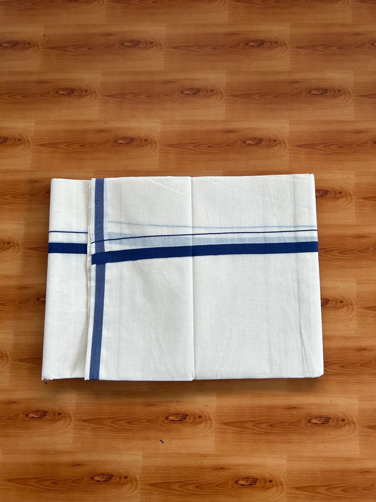 Double Off White (Unbleached) Mundu/Dhoti - 20% Discount! KaithariKada Pulimood 100% Cotton 80x72 - 0.5 inch Navy Blue Kara - 4 mtr (8.5 muzham) - 49 KK5553 STH