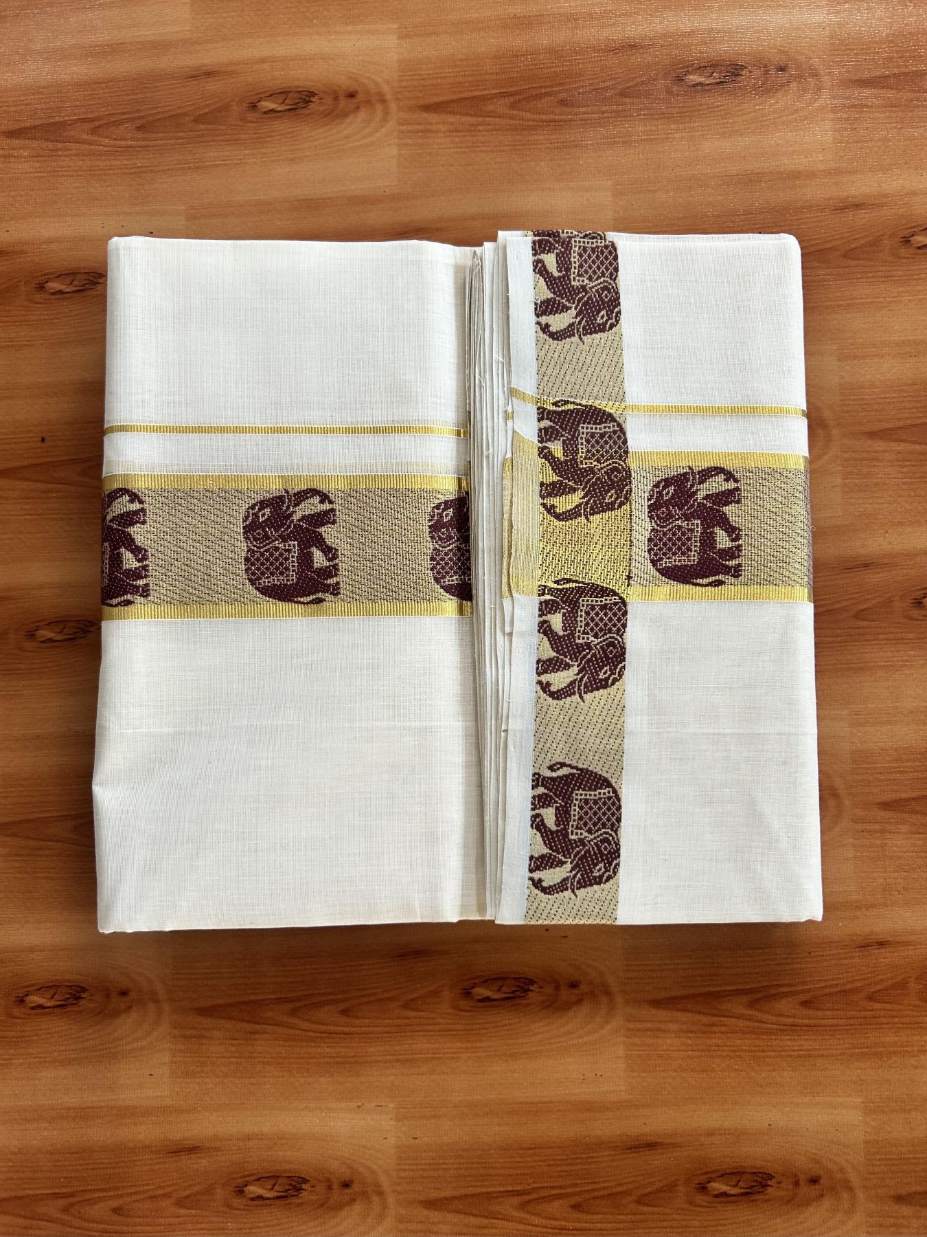 25% Discount ! Kaitharikada Handloom Unakkupaav - Kerala Handloom - 100% Pure Cotton Off White - (Unbleached) Double Mundu/Dhoti - 100x80 - 2 inch Gold Kasav & Brown Elephant Jacquard Design Kara 4 mtr (8.5 Muzham) - 6 KK5441 ABH