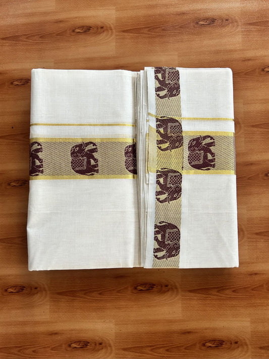 25% Discount ! Kaitharikada Handloom Unakkupaav - Kerala Handloom - 100% Pure Cotton Off White - (Unbleached) Double Mundu/Dhoti - 100x80 - 2 inch Gold Kasav & Brown Elephant Jacquard Design Kara 4 mtr (8.5 Muzham) - 6 KK5441 ABH