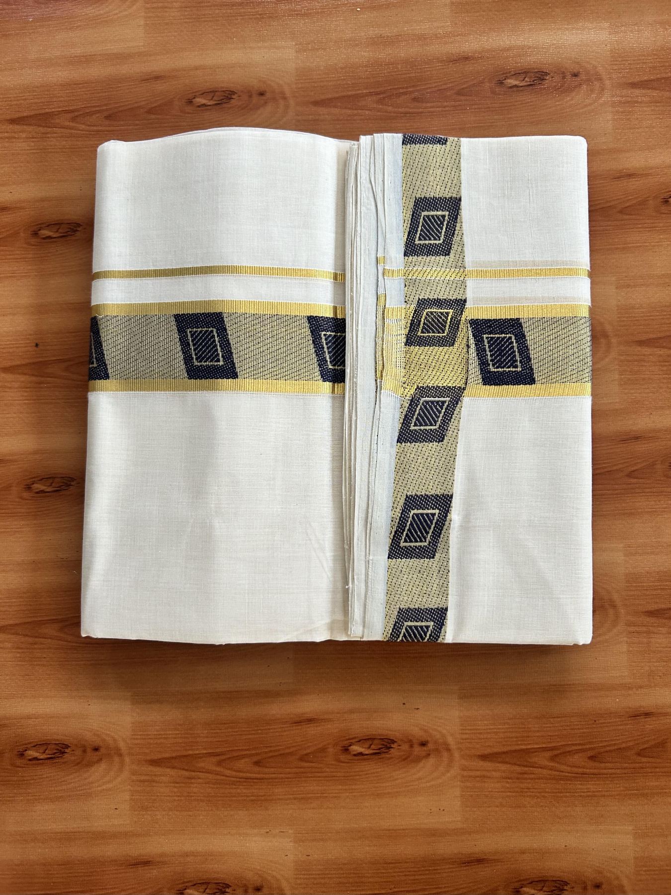 25% Discount ! Kaitharikada Handloom Unakkupaav - Kerala Handloom - 100% Pure Cotton Off White - (Unbleached) Double Mundu/Dhoti - 100x80 - 1.75 inch Gold Kasav & Navy Blue Jacquard Design Kara 4 mtr (8.5 Muzham) - 19 KK5441 ABH