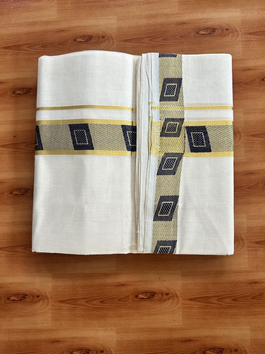 25% Discount ! Kaitharikada Handloom Unakkupaav - Kerala Handloom - 100% Pure Cotton Off White - (Unbleached) Double Mundu/Dhoti - 100x80 - 1.75 inch Gold Kasav & Navy Blue Jacquard Design Kara 4 mtr (8.5 Muzham) - 19 KK5441 ABH