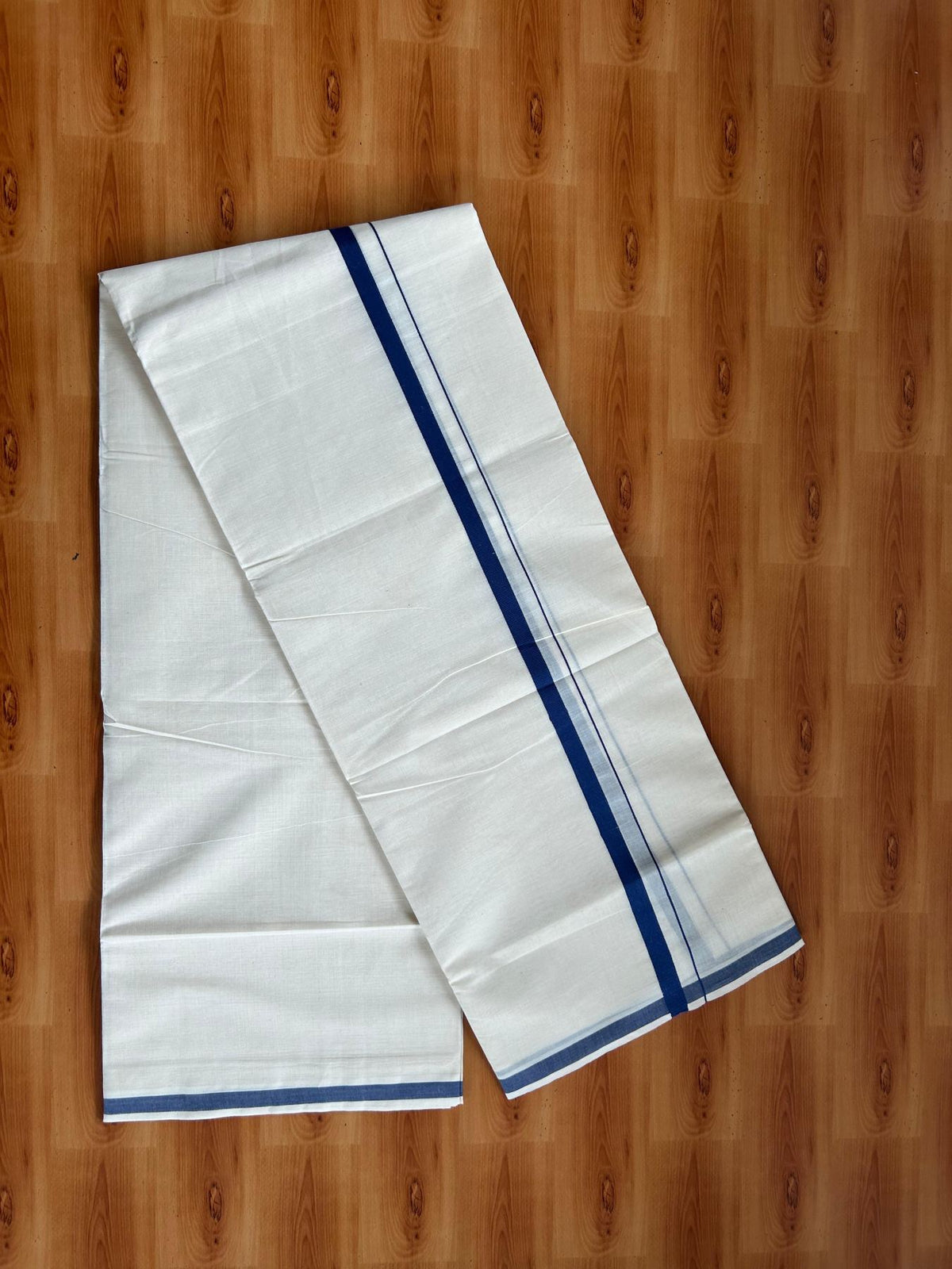Double Off White (Unbleached) Mundu/Dhoti - 20% Discount! KaithariKada Pulimood 100% Cotton 80x72 - 0.5 inch Navy Blue Kara - 4 mtr (8.5 muzham) - 49 KK5553 STH