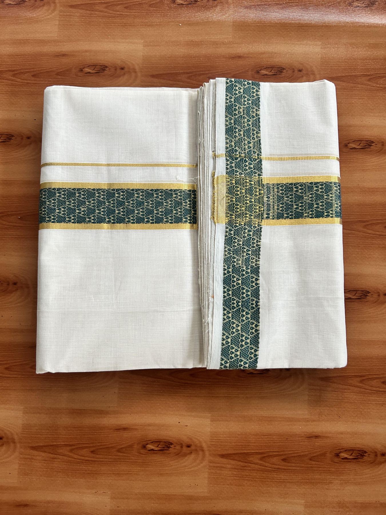 25% Discount ! Kaitharikada Handloom Unakkupaav - Kerala Handloom - 100% Pure Cotton Off White - (Unbleached) Double Mundu/Dhoti - 100x80 - 1.75 inch Gold Kasav & Green Jacquard Design Kara 4 mtr (8.5 Muzham) - 14 KK5441 ABH